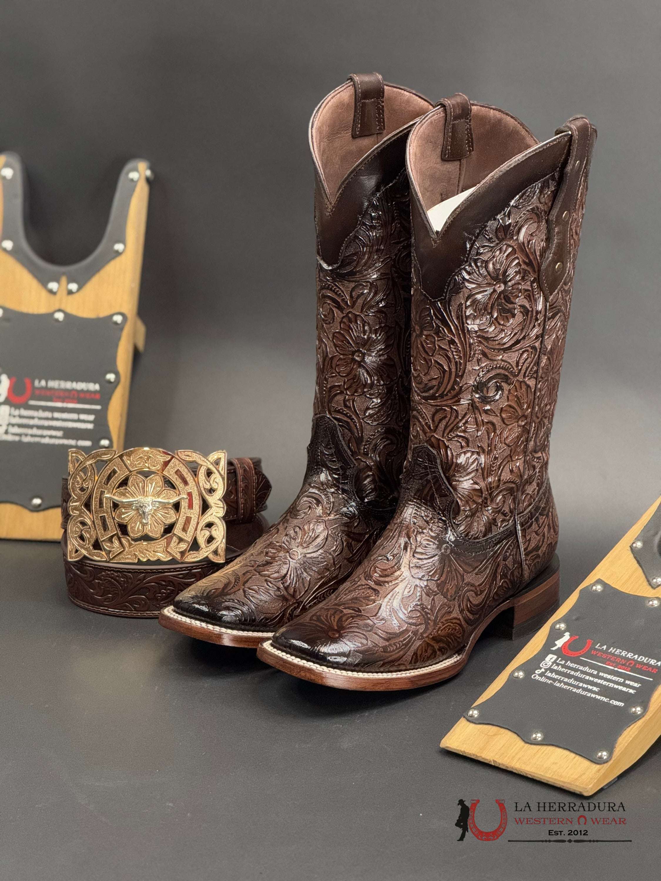 Hand Tooled Flor De Luz Cafe Mila Square Toe 452 Botas Mujeres