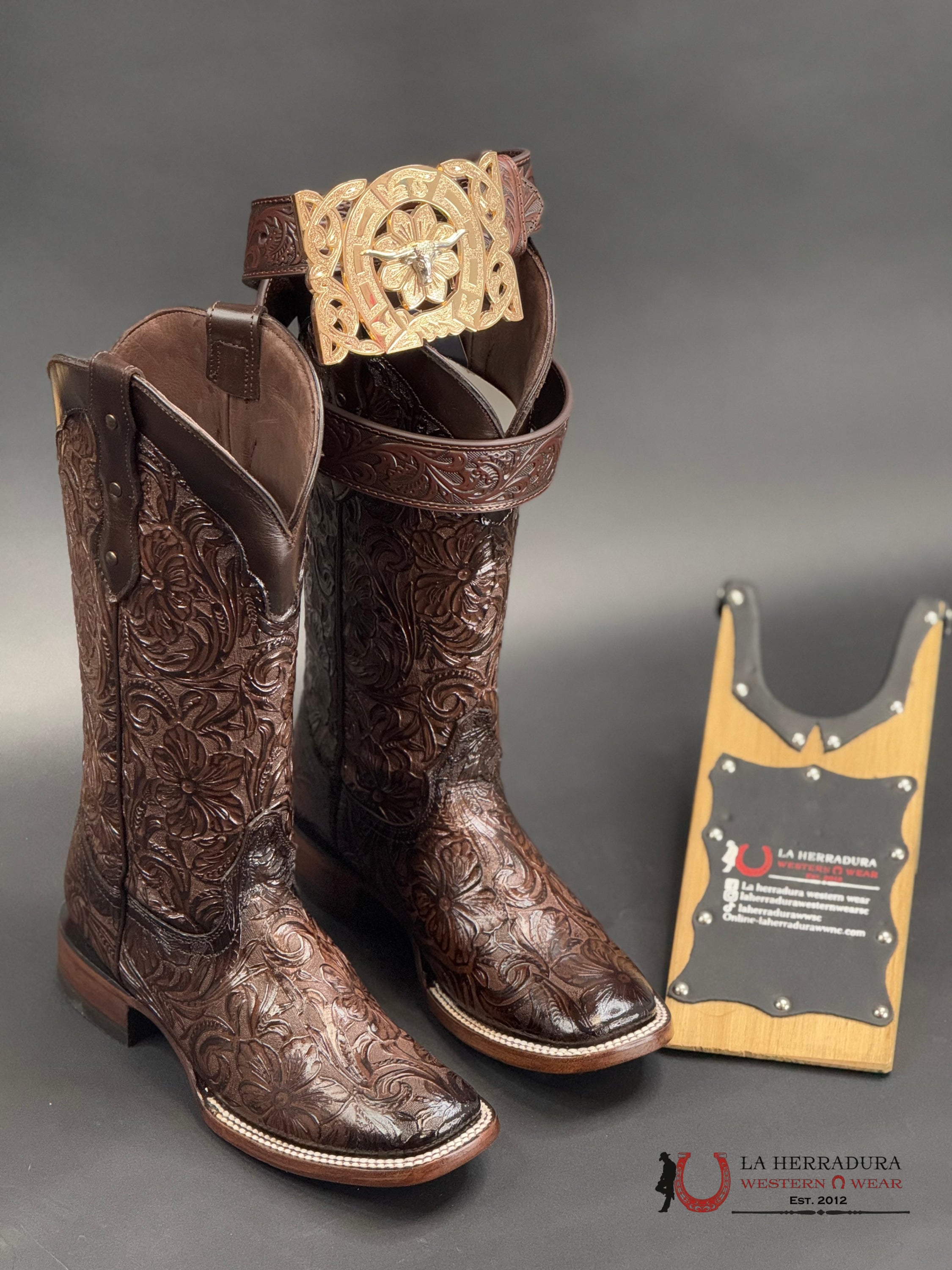 Hand Tooled Flor De Luz Cafe Mila Square Toe 452 Botas Mujeres