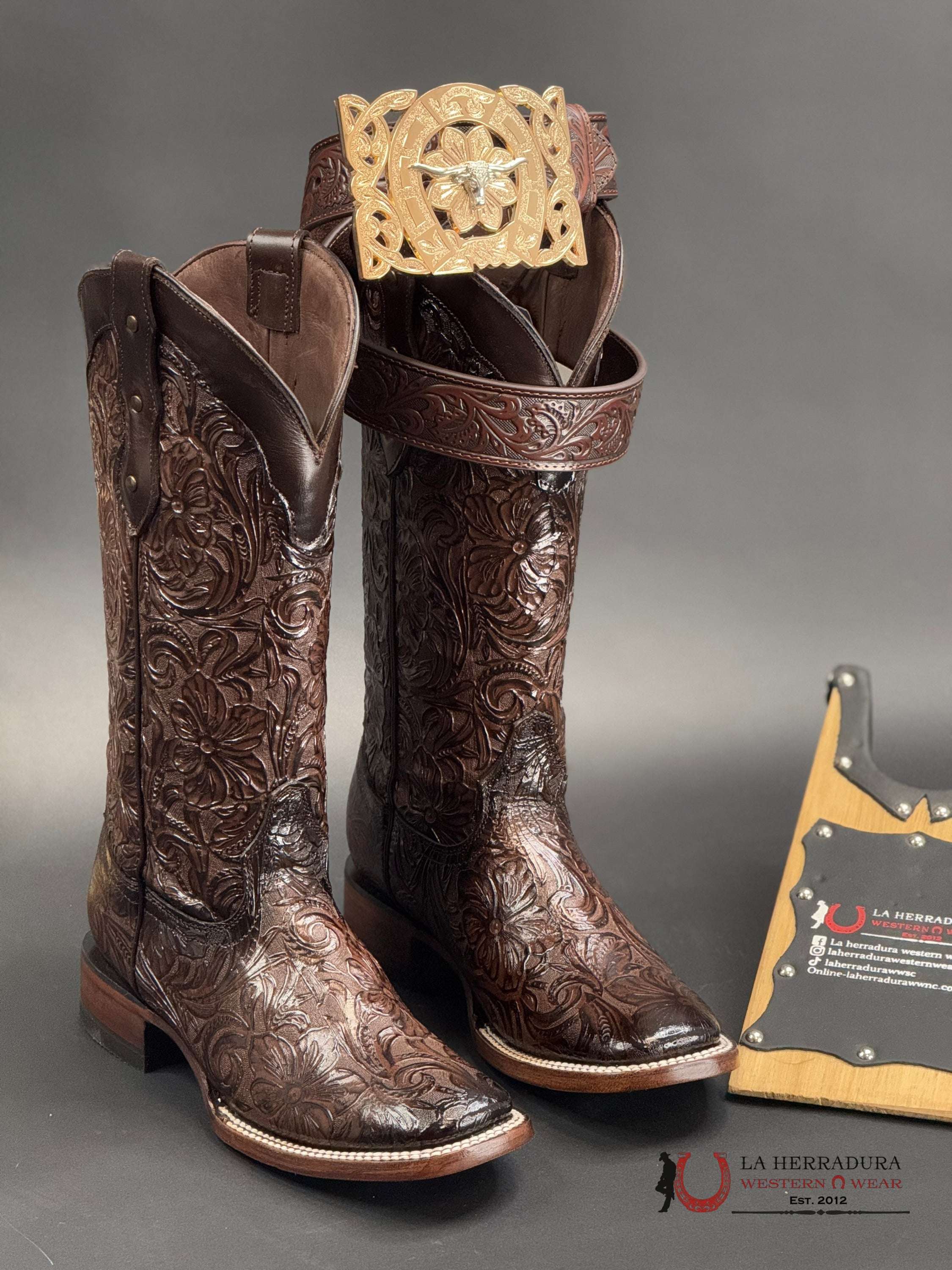 Hand Tooled Flor De Luz Cafe Mila Square Toe 452 Botas Mujeres
