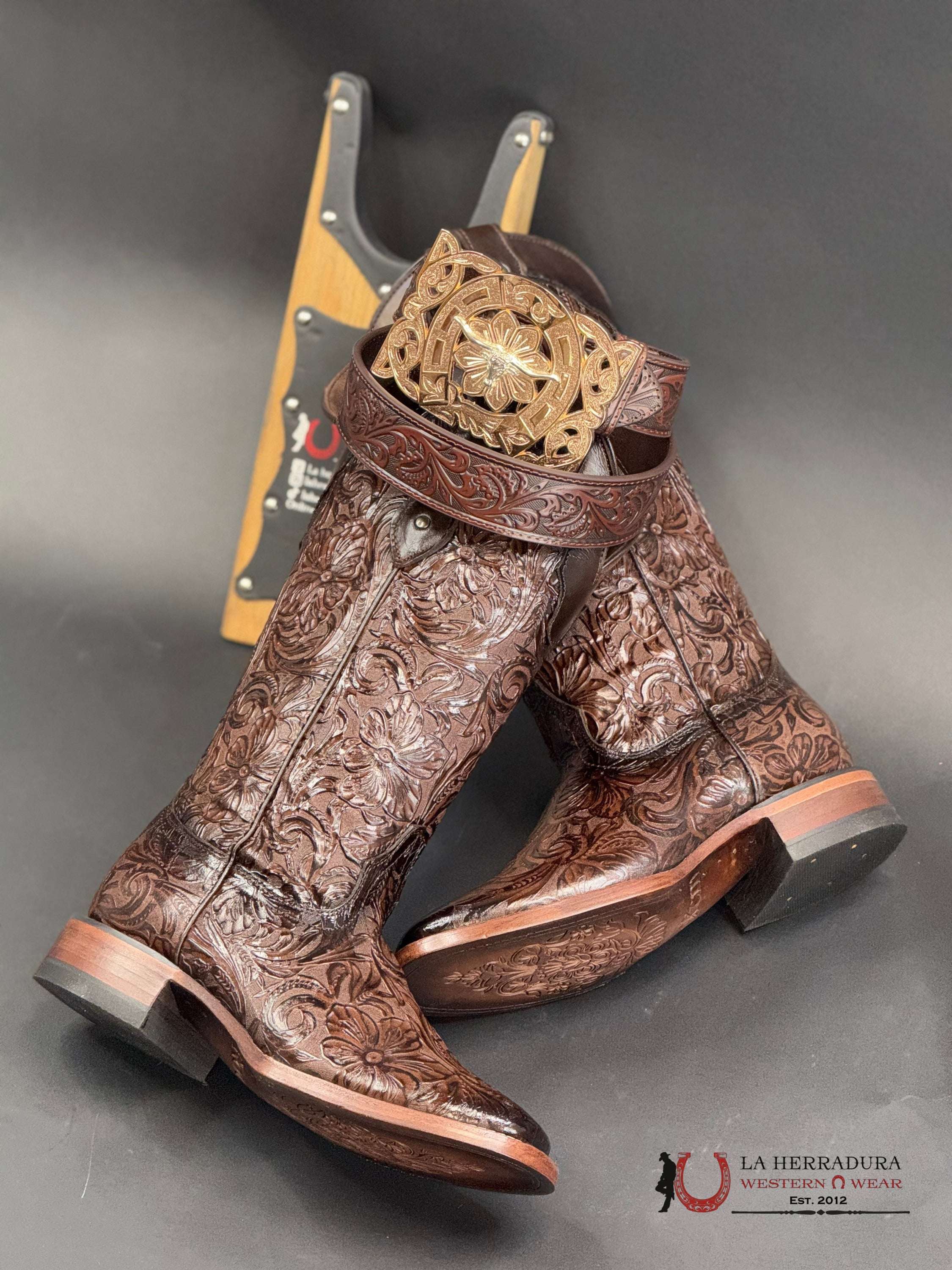 Hand Tooled Flor De Luz Cafe Mila Square Toe 452 Botas Mujeres