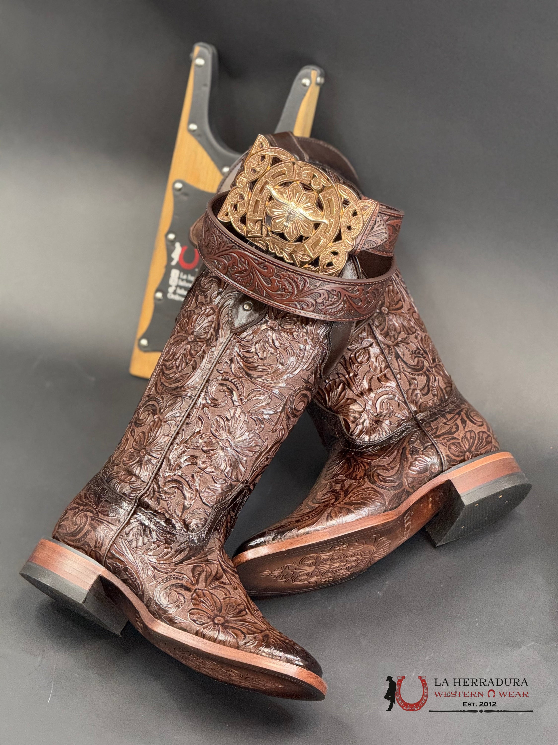 Hand Tooled Flor De Luz Cafe Mila Square Toe 452 Botas Mujeres