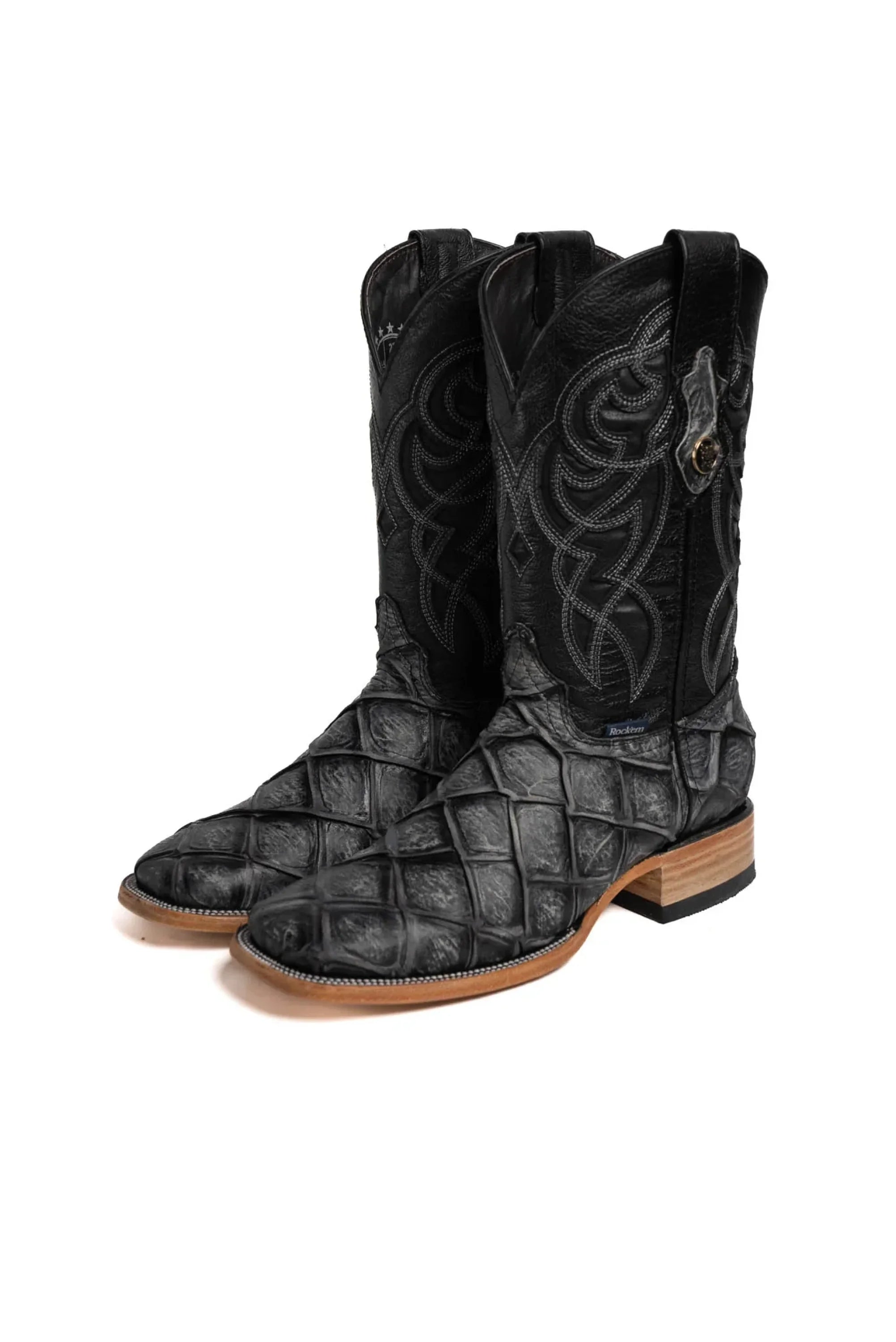 Mens Imit Pez Pirarucu Mar Y Tierra Gris Negro Rustico Boot Botas Hombres