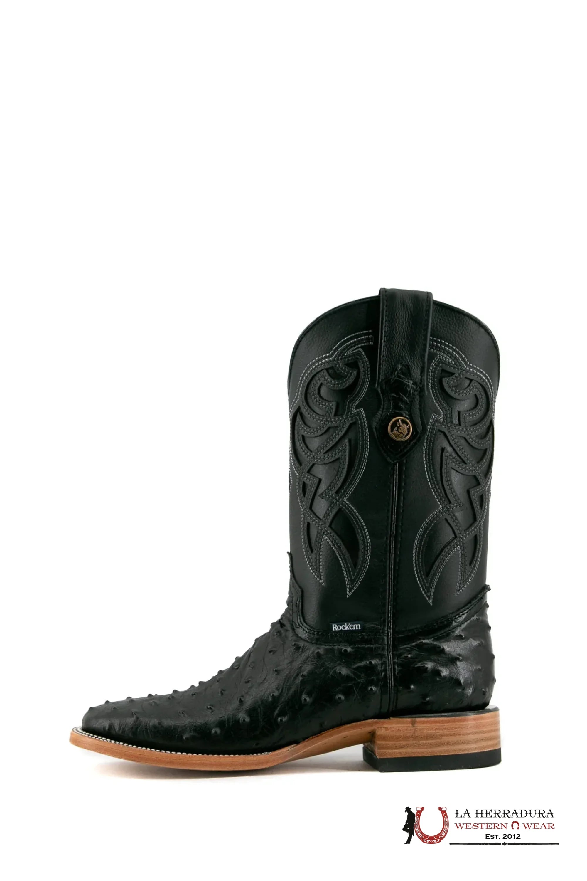 ROCKEM IMIT RANCH BLACK OSTRICH SQ. TOE BOOT BOTAS HOMBRES