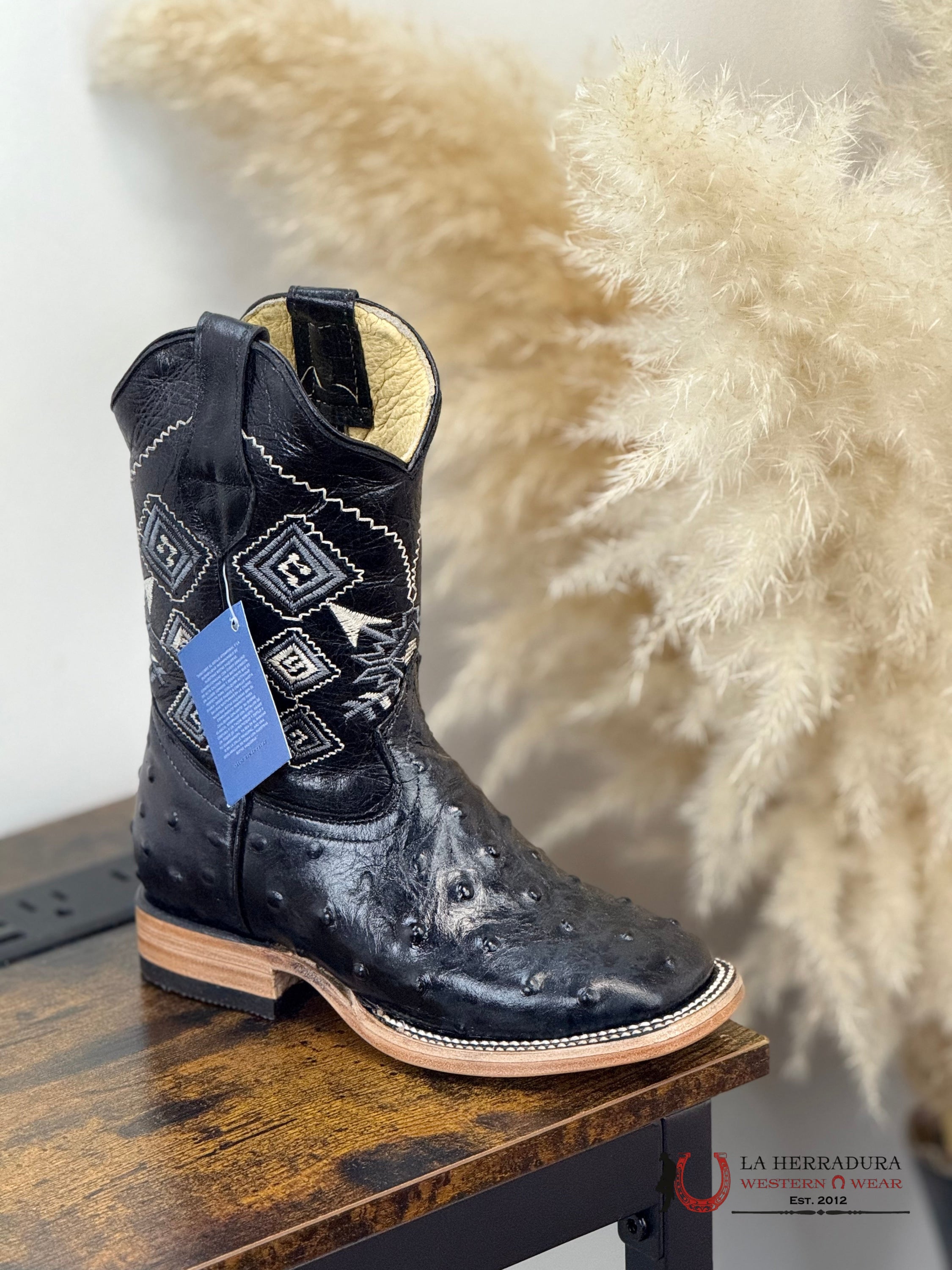 ROCKEM KIDS BLACK OSTRICH WOODEN SOLE SQ. TOE NIÑOS