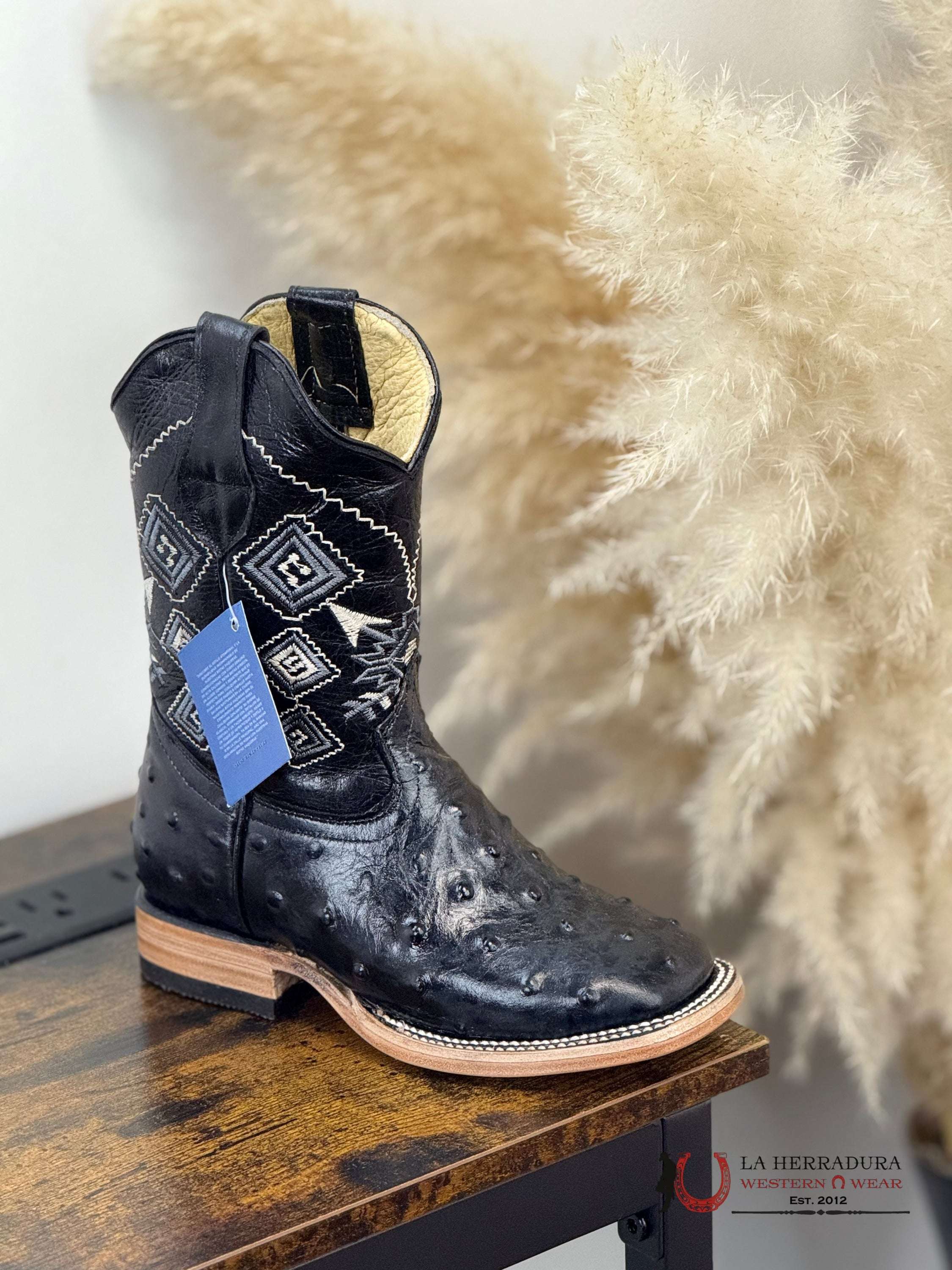 ROCKEM KIDS BLACK OSTRICH WOODEN SOLE SQ. TOE NIÑOS