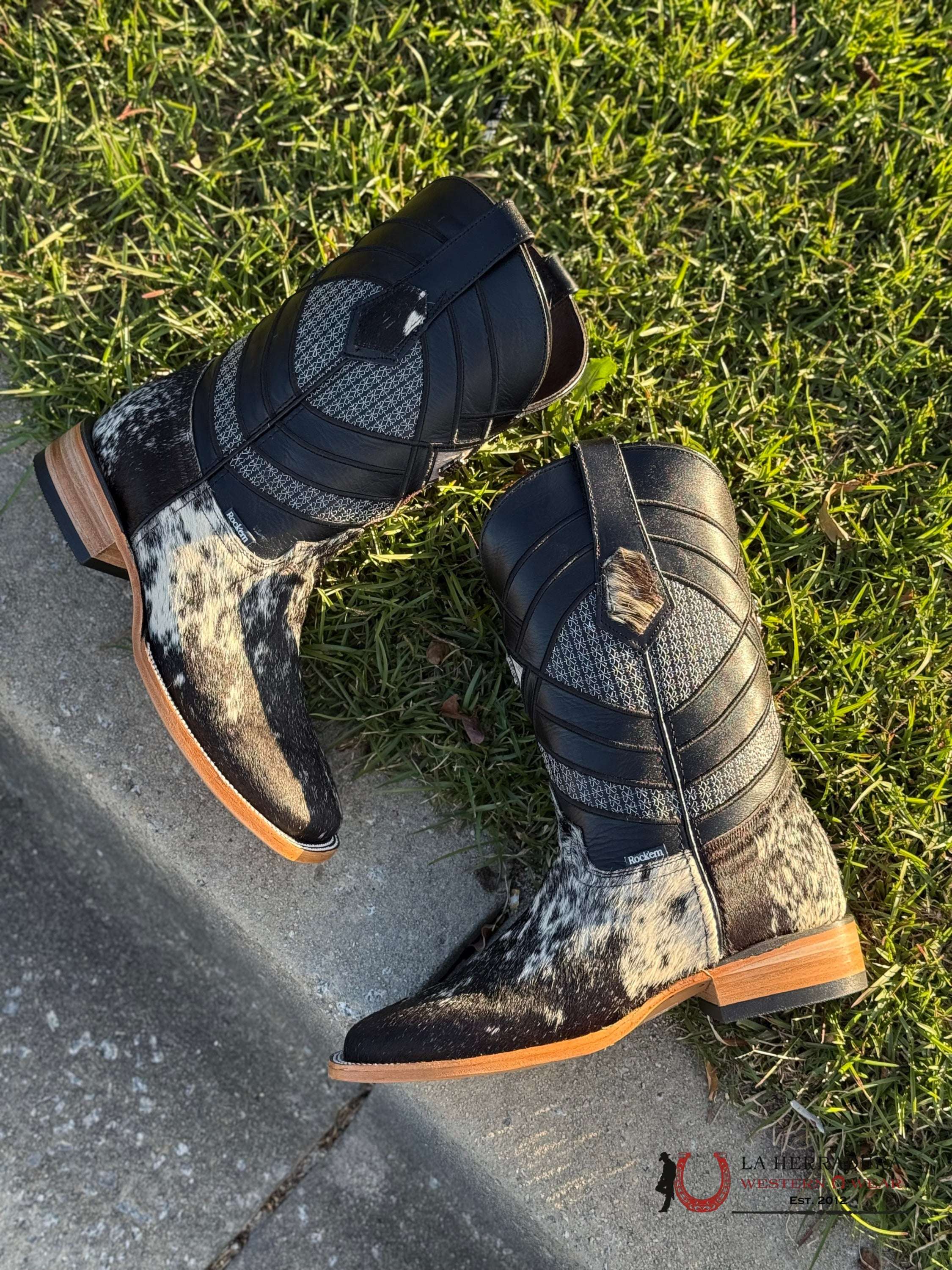 Mens Black & White Cow Hide New Top H-501 (Every Pair Is Unique) Botas Hombres