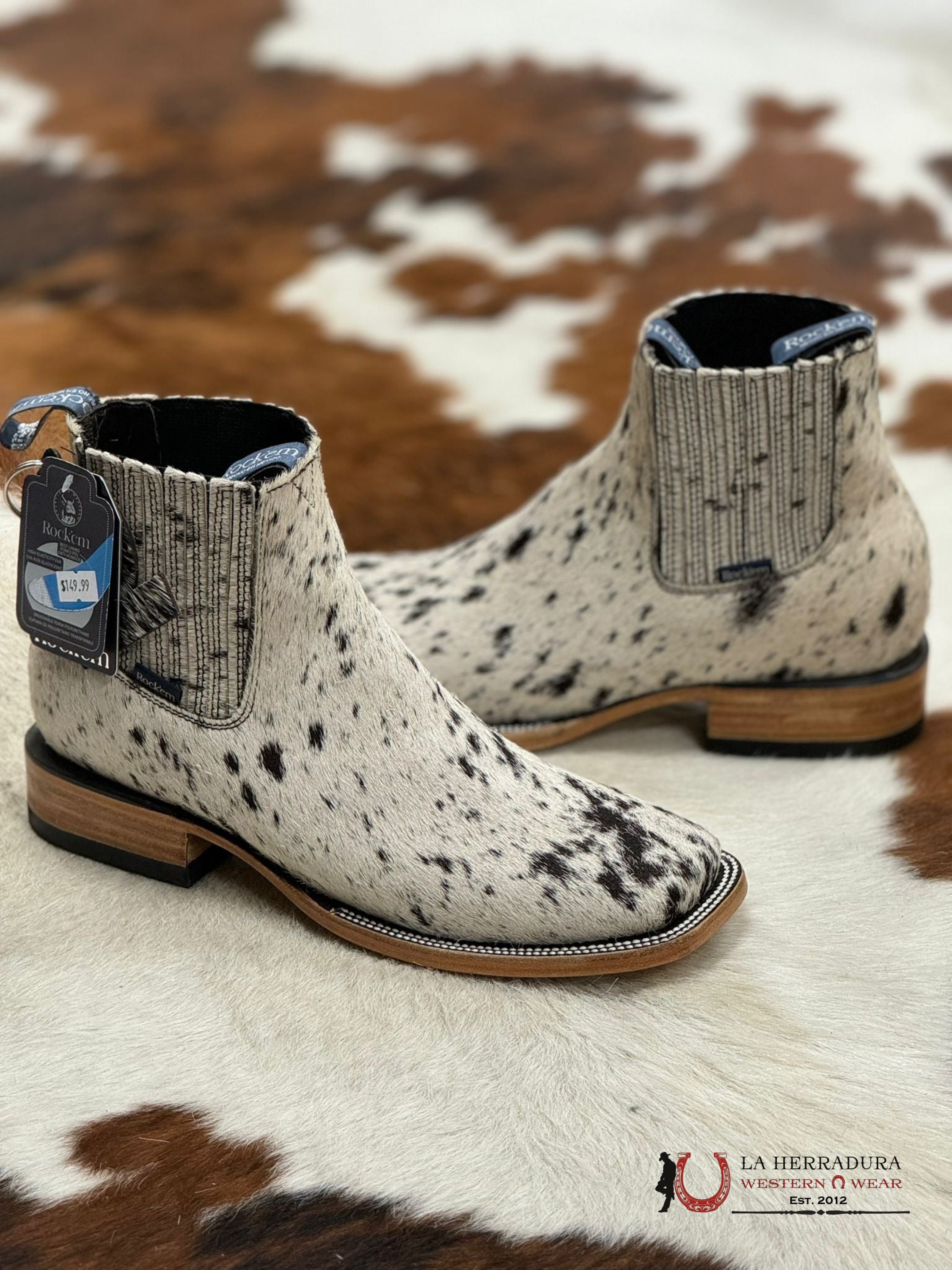 Rock’em Mens Short Boot Cow Hide Black And White (Each Pair Is Unique) Botas Hombres