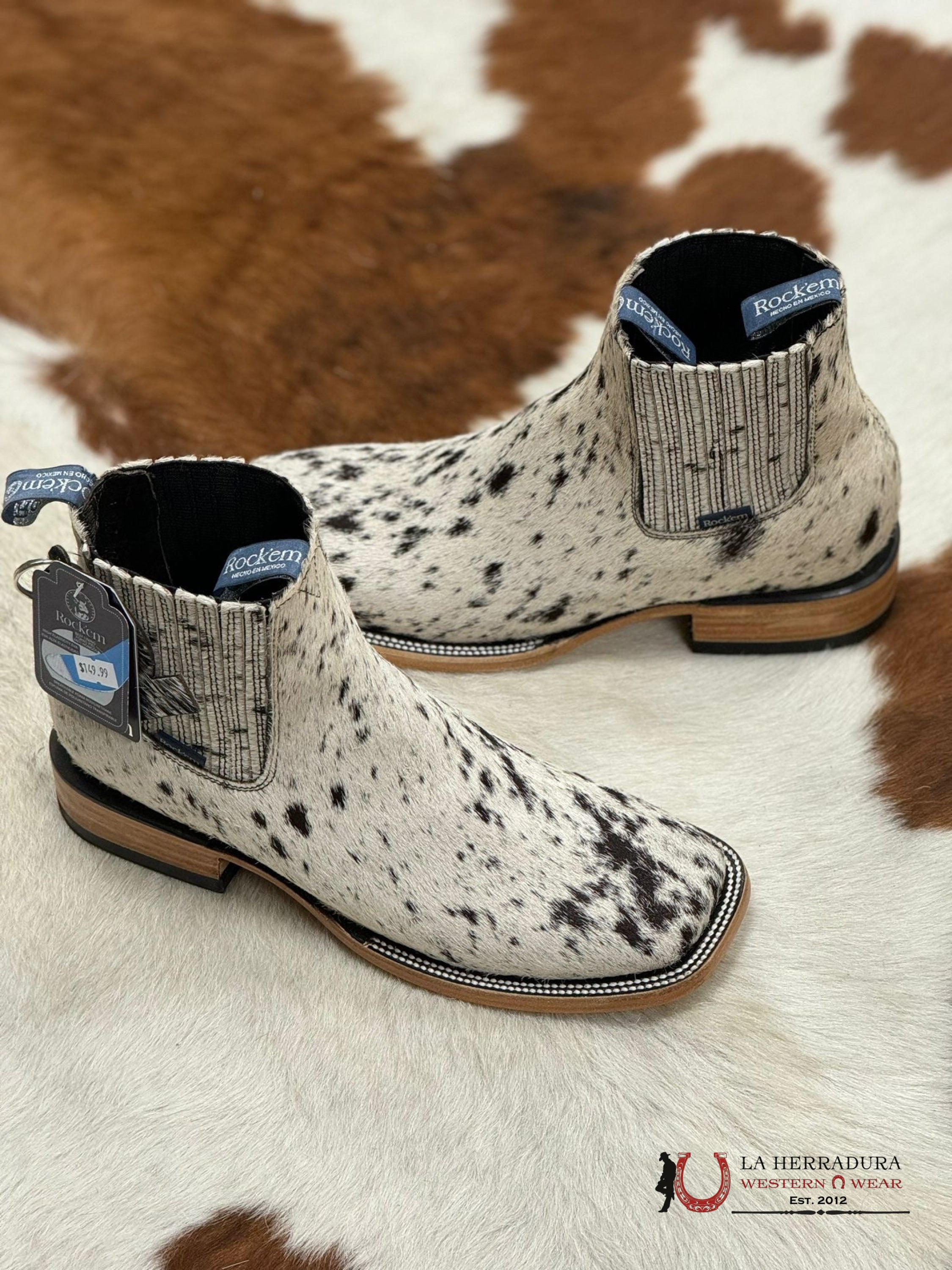Rock’em Mens Short Boot Cow Hide Black And White (Each Pair Is Unique) Botas Hombres