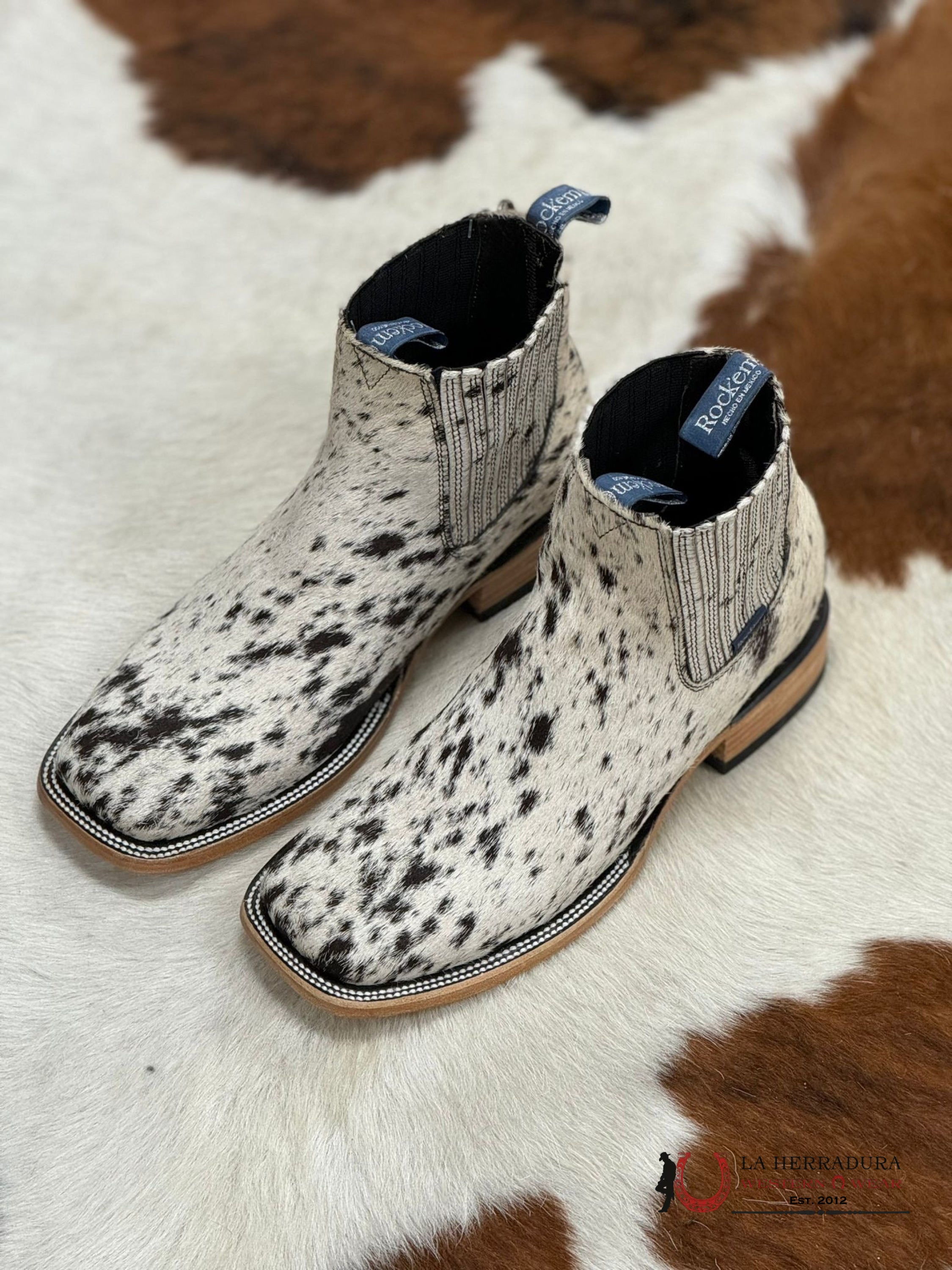 Rock’em Mens Short Boot Cow Hide Black And White (Each Pair Is Unique) Botas Hombres