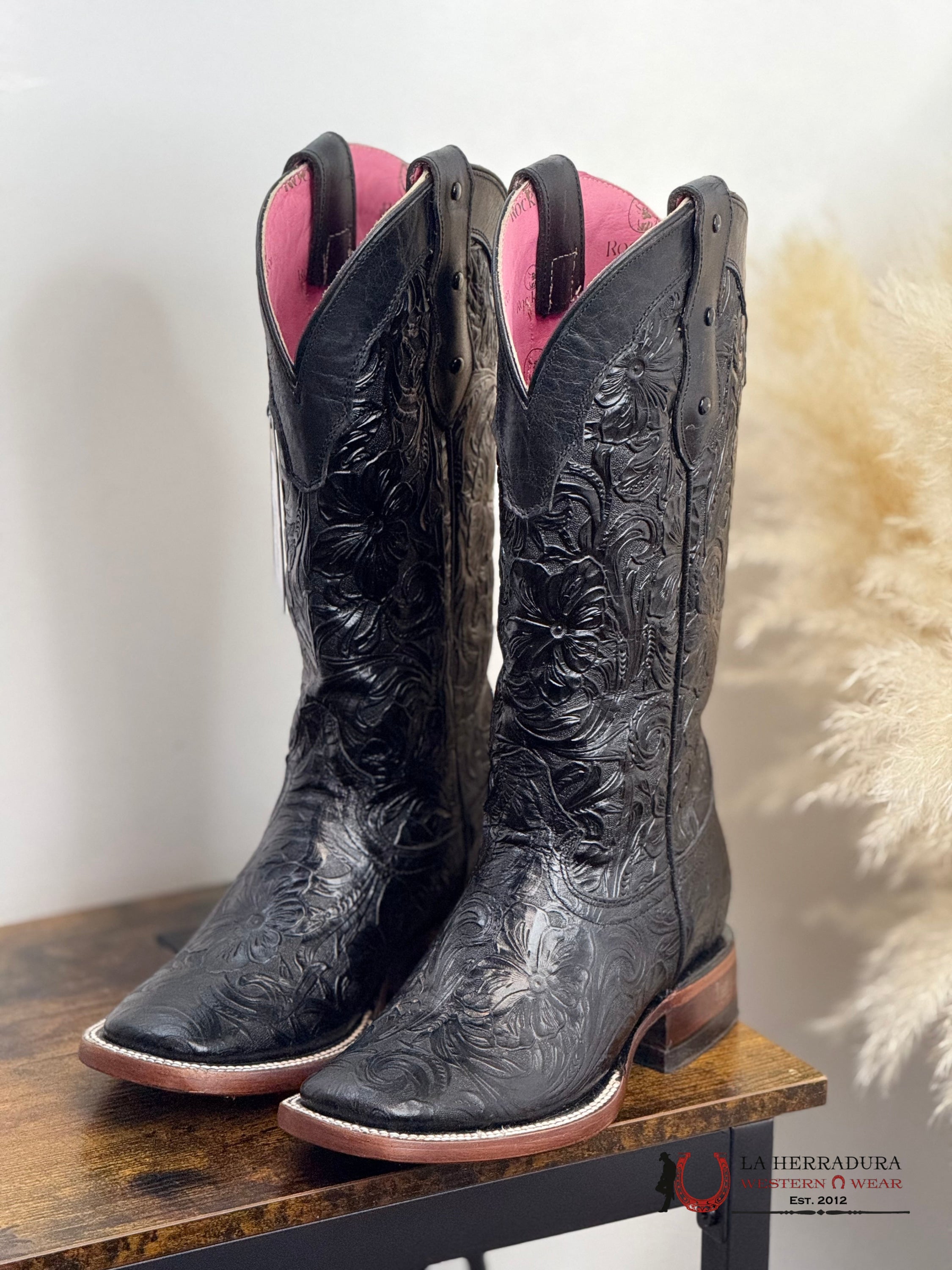 ROCKEM MILA FLOR DE LUZ HAND TOOLED BLACK BROWN BOTTOM SQUARE TOE PINK TUBE BOTAS MUJERES