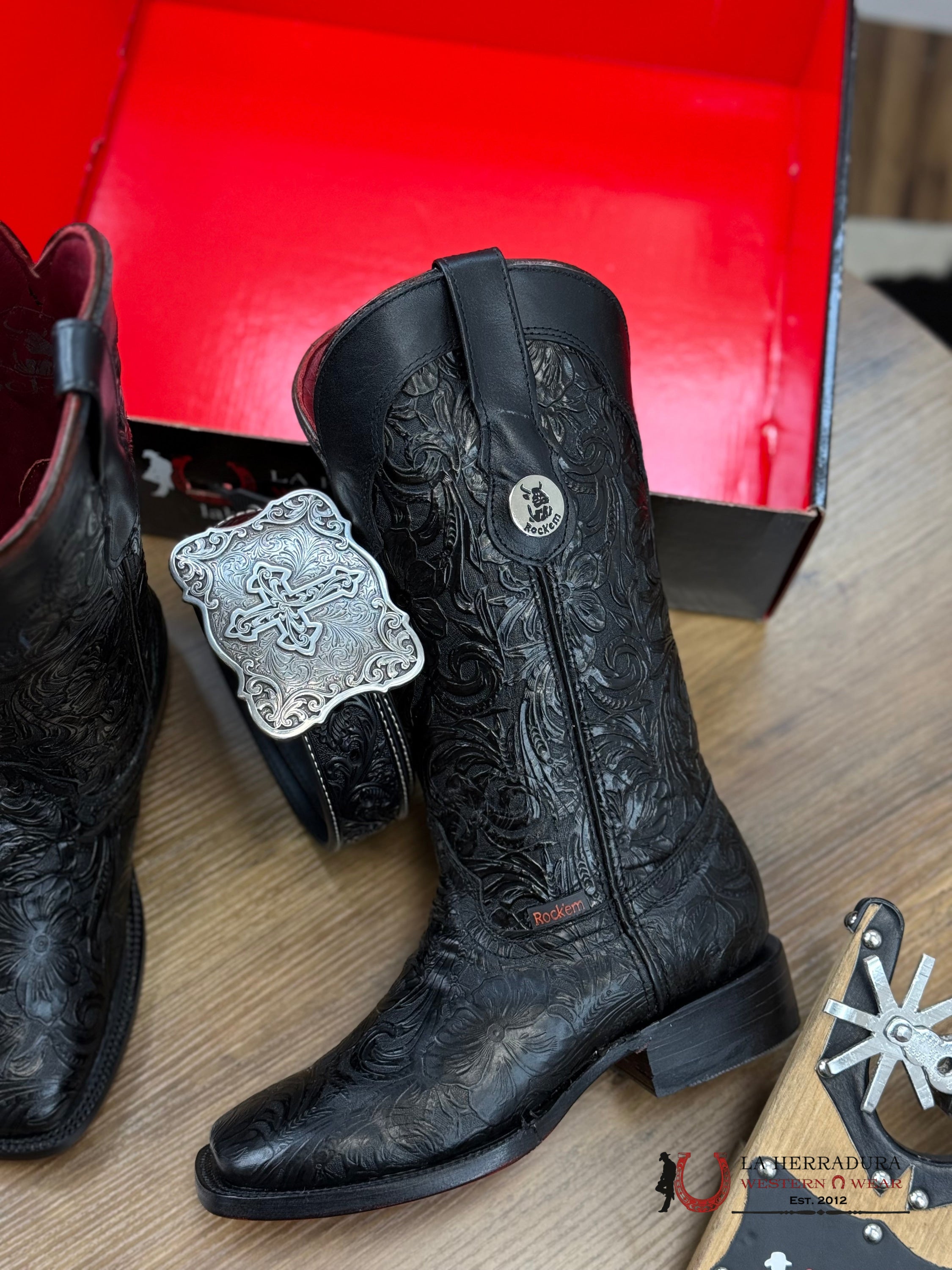 Womens Flor De Luz Hand Tooled Black Red Bottom Square Toe Botas Mujeres