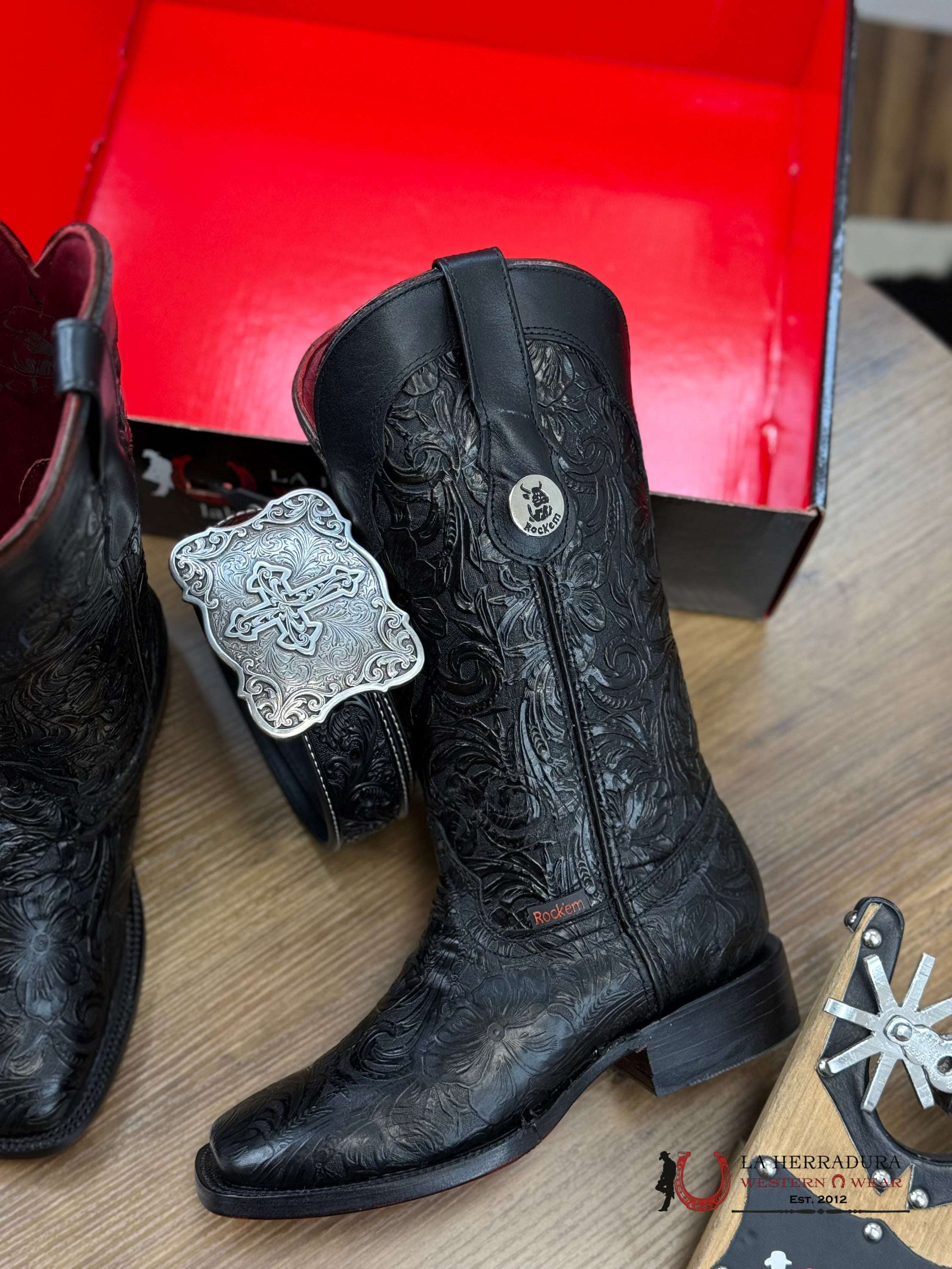 Womens Flor De Luz Hand Tooled Black Red Bottom Square Toe Botas Mujeres