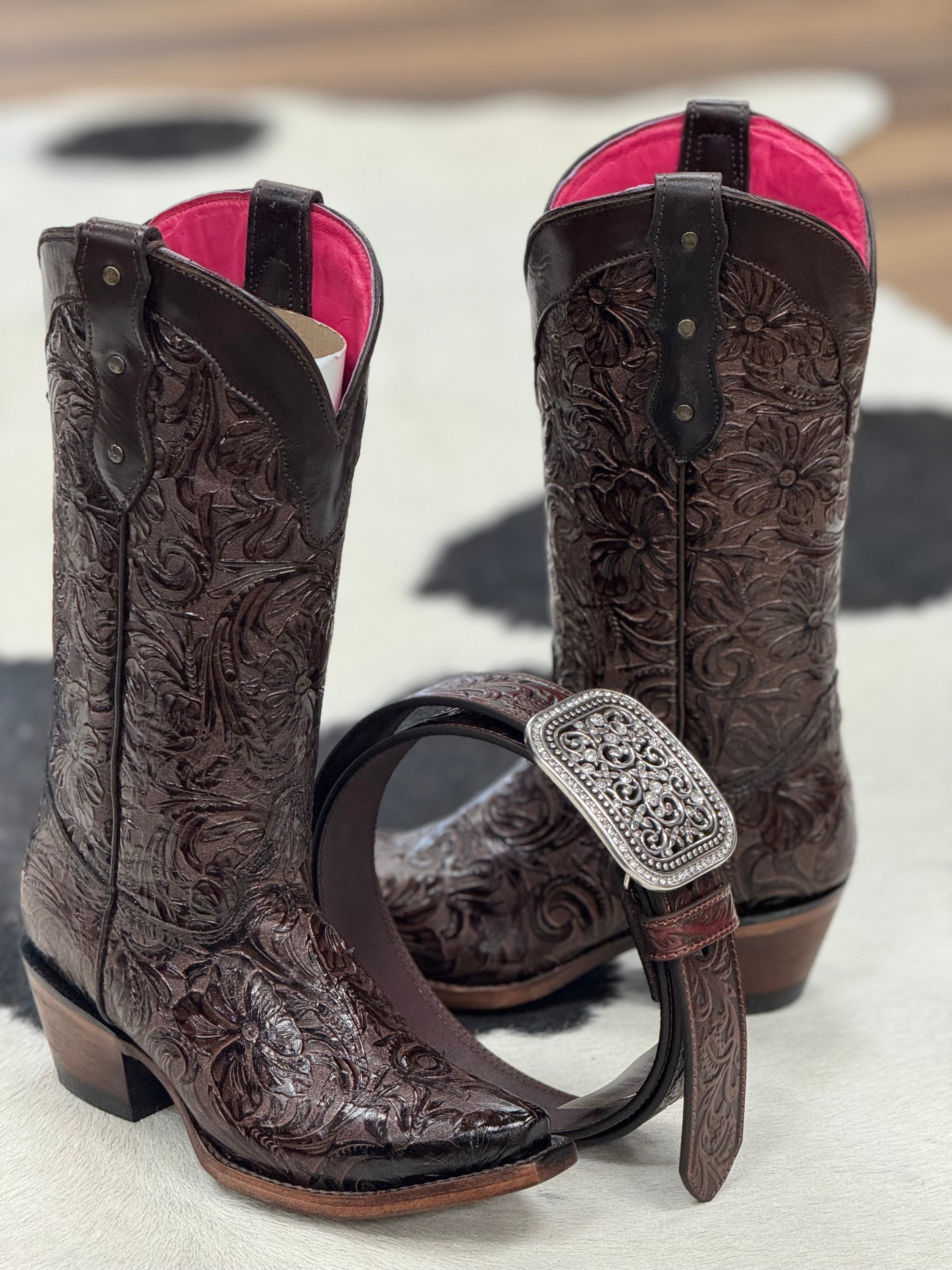 Hand Tooled Flor De Luz Cafe Point Toe Botas Mujeres