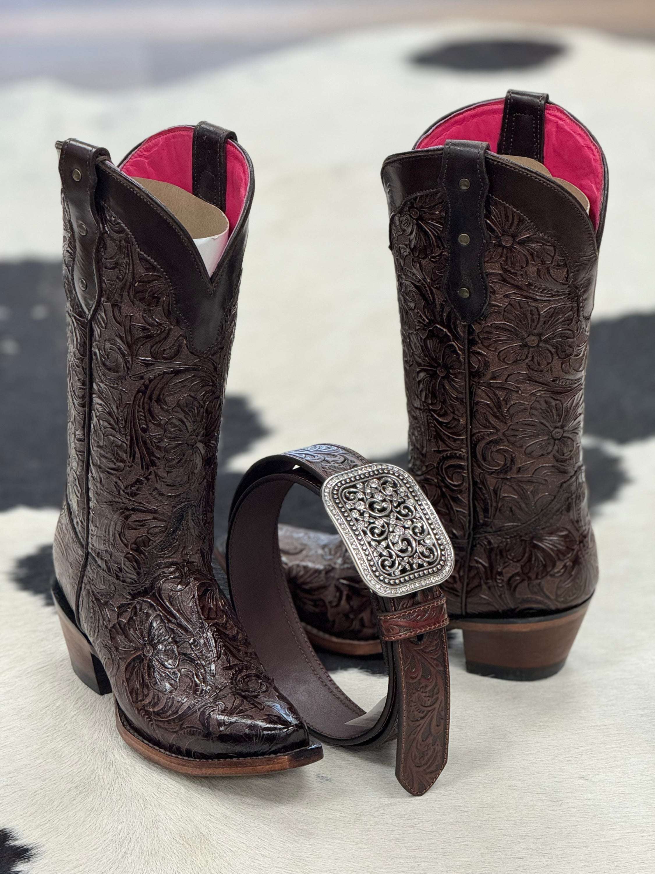 Hand Tooled Flor De Luz Cafe Point Toe Botas Mujeres