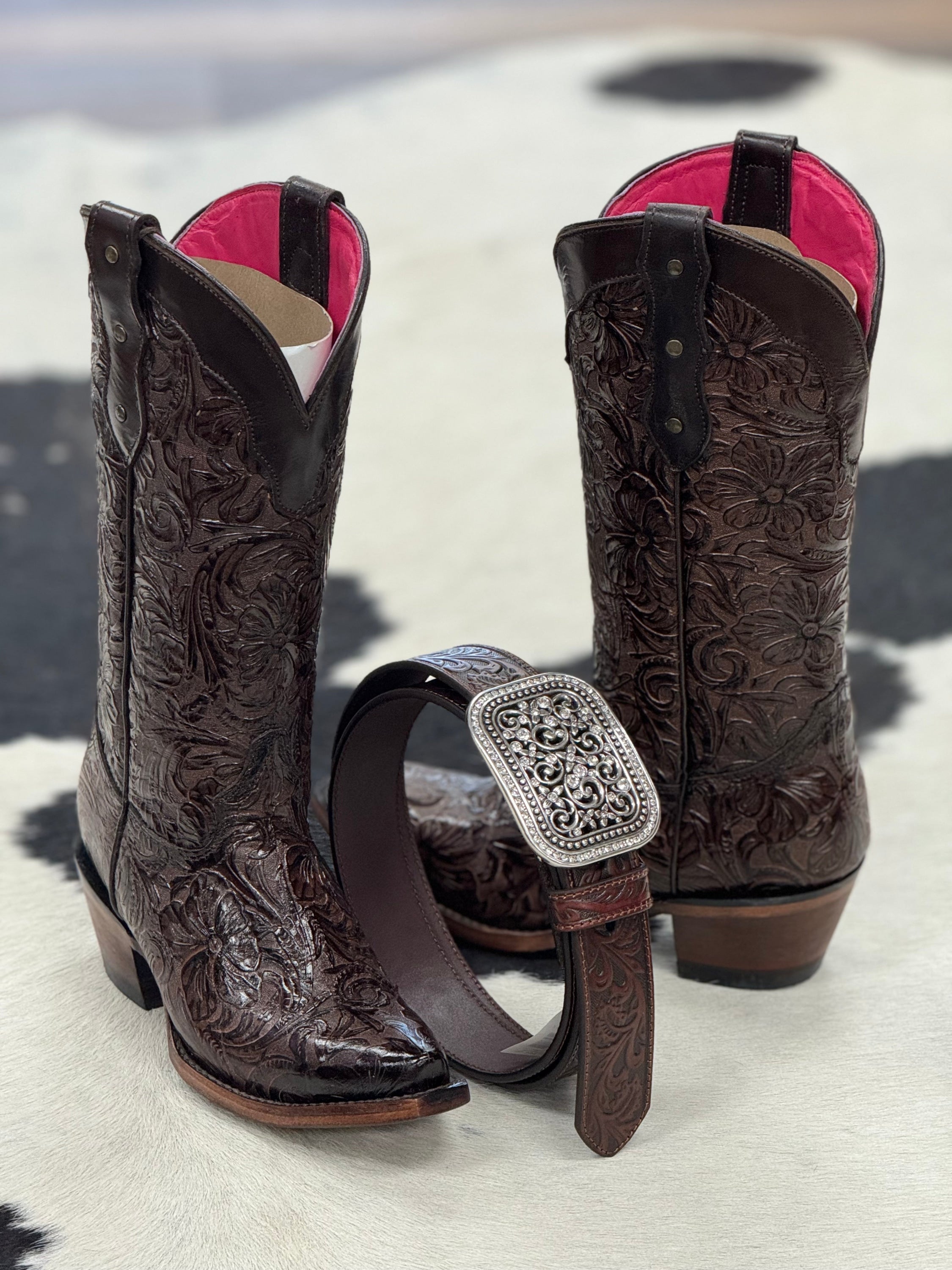 Hand Tooled Flor De Luz Cafe Point Toe Botas Mujeres