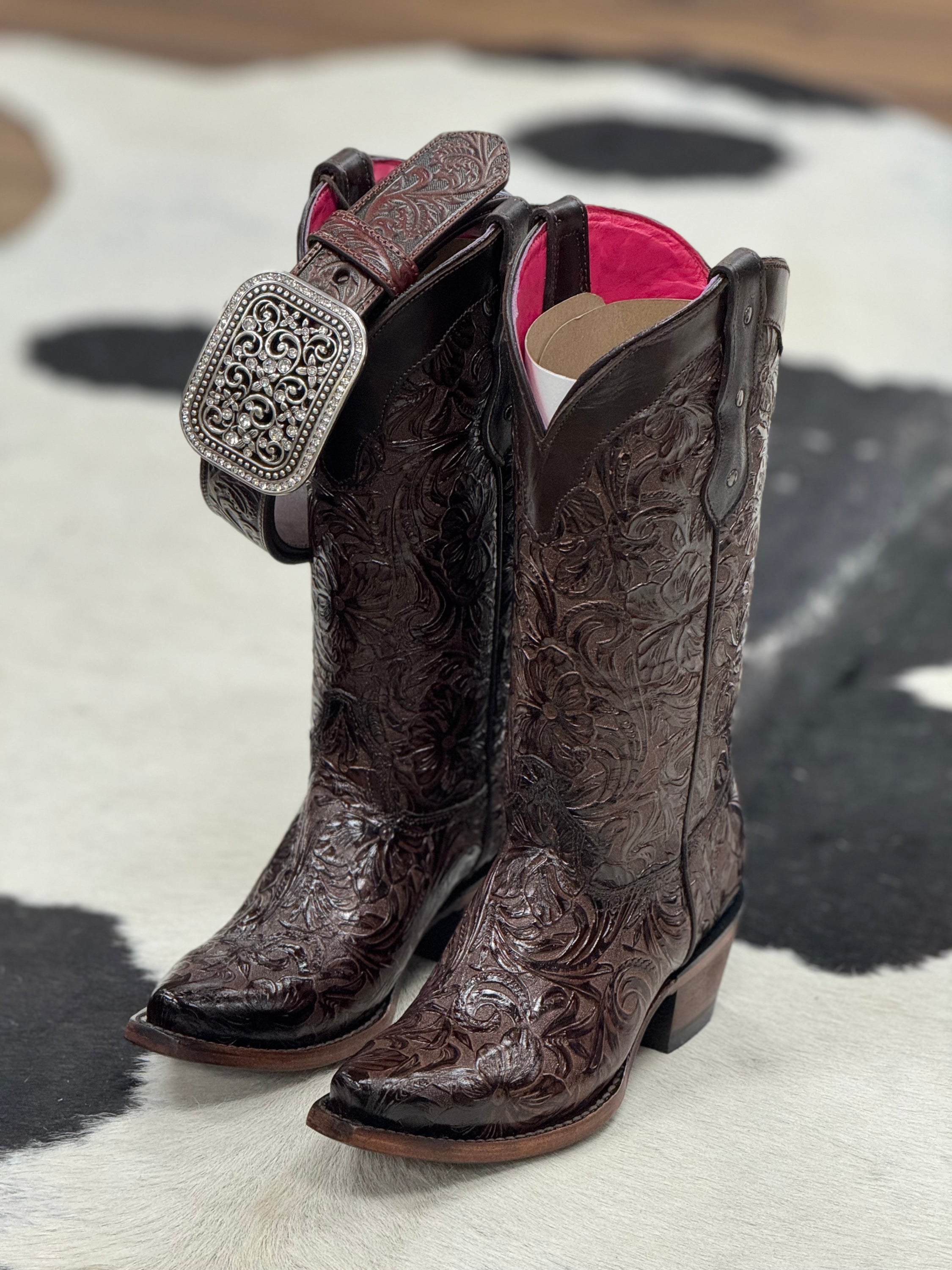 Hand Tooled Flor De Luz Cafe Point Toe Botas Mujeres