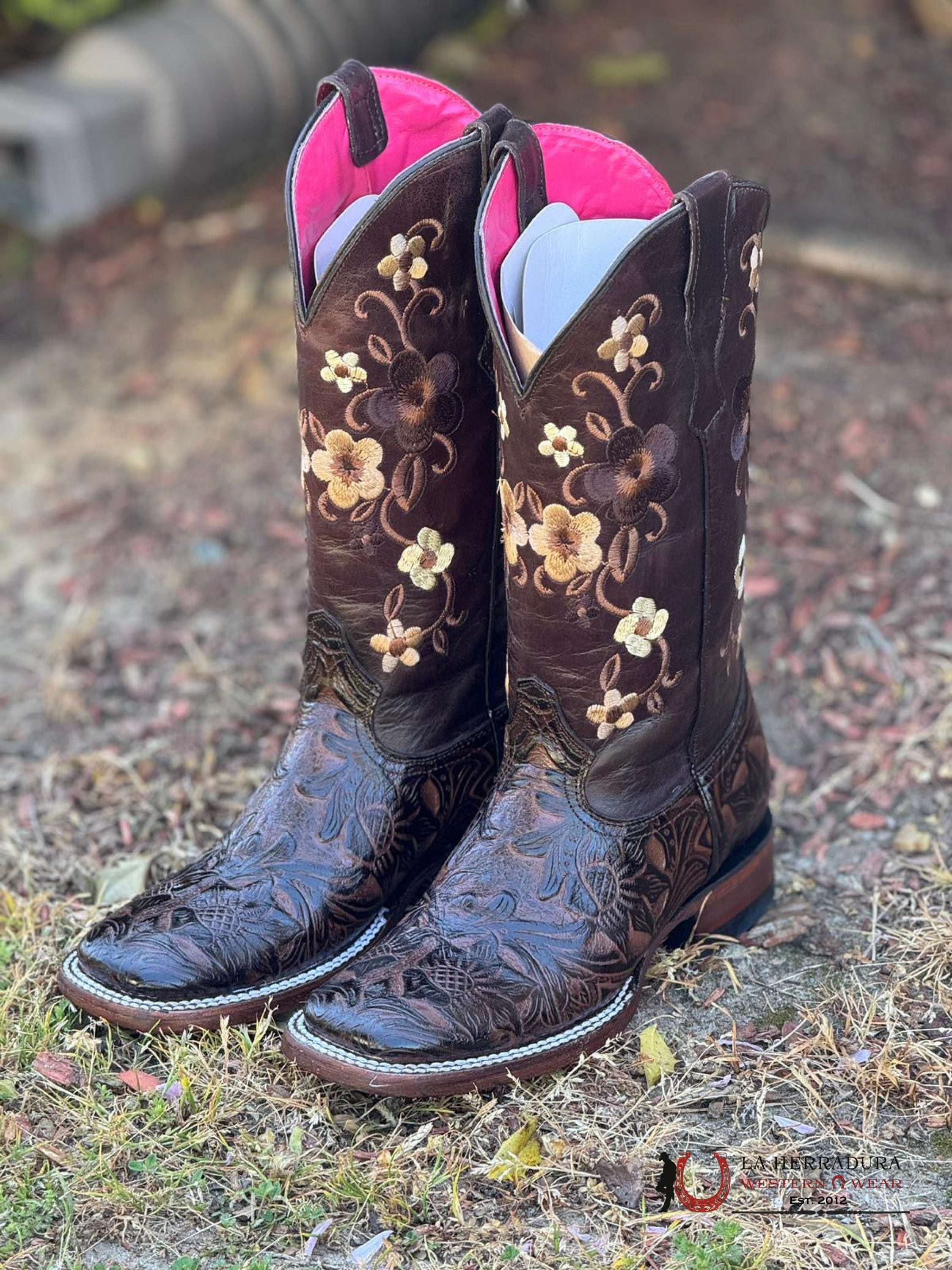 Womens Parais Hand Tooled Cedona Brown Square Toe Botas Mujeres