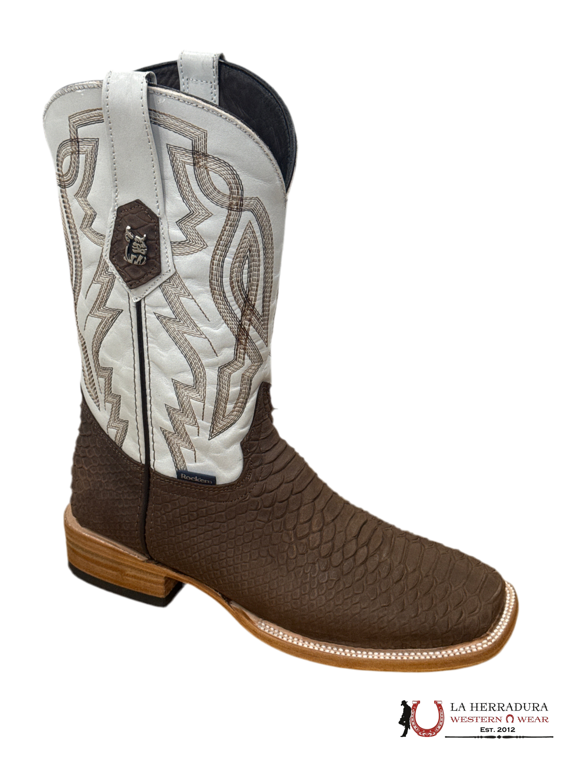 ROCKEM PYTHON BROWN CHOCOLATE PRINT WHITE TUBE SQUARE TOE BLUE BOTAS HOMBRES