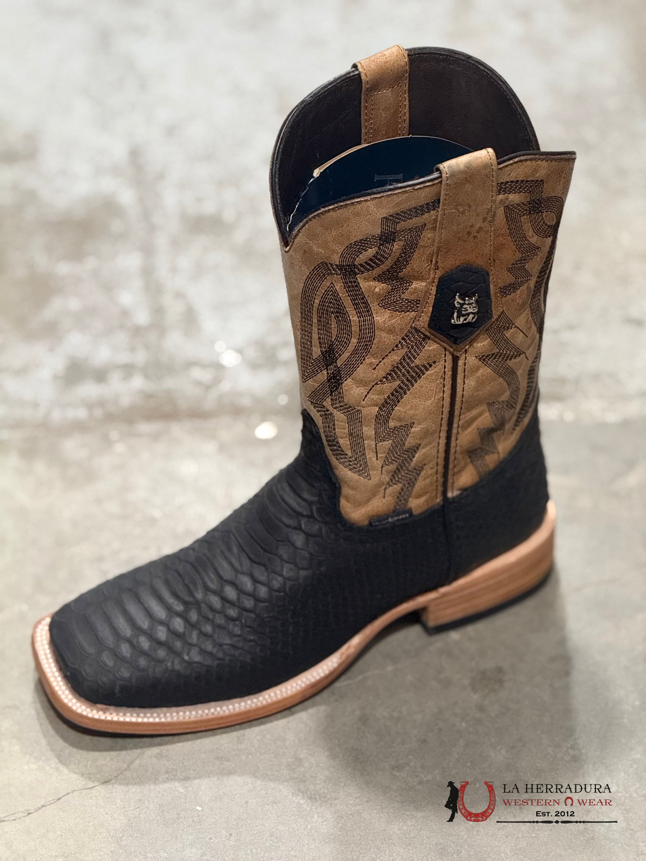 ROCKEM PYTHON MATTE BLACK TUBE BROWN SQUARE TOE BOTAS HOMBRES