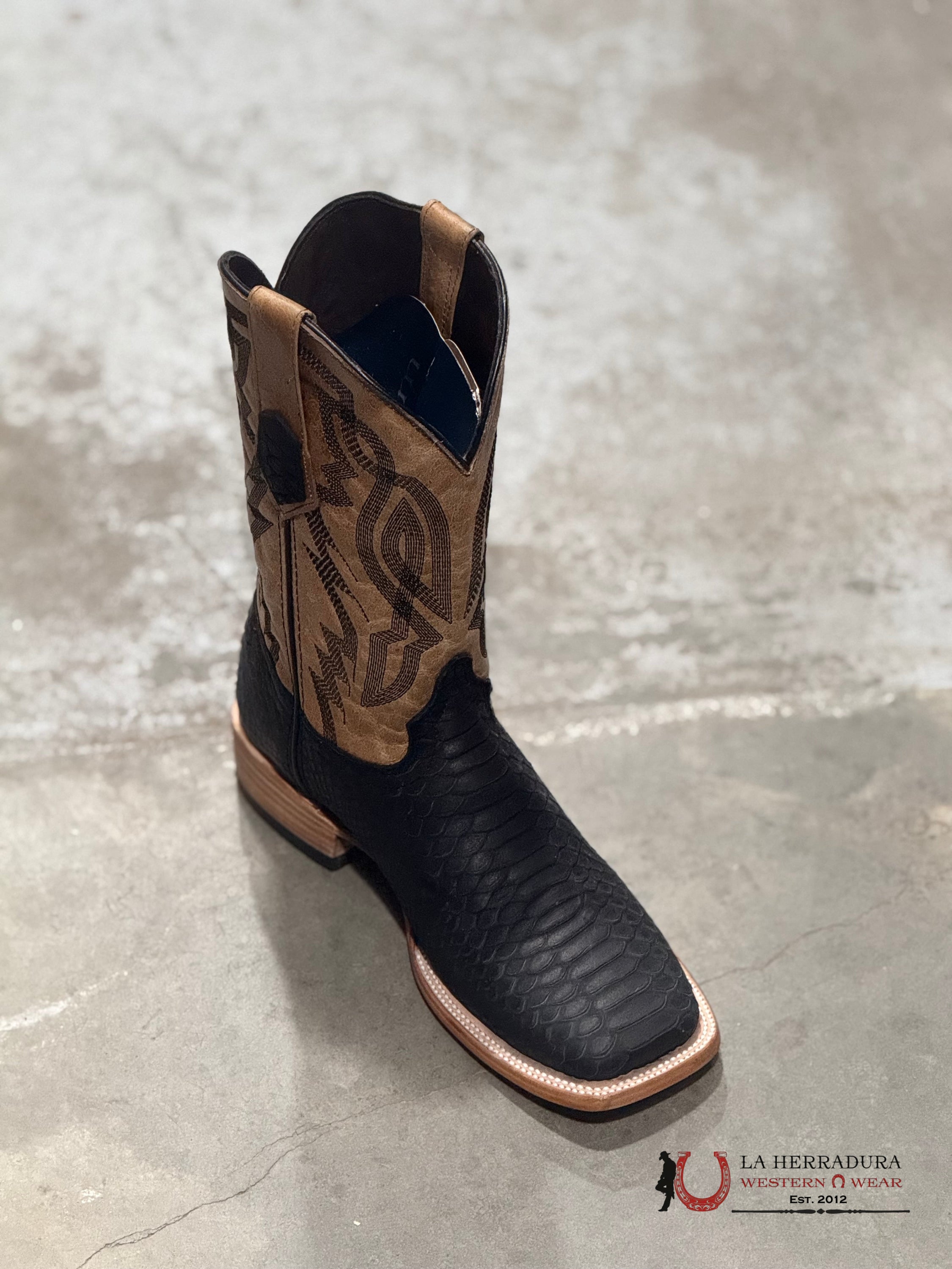 ROCKEM PYTHON MATTE BLACK TUBE BROWN SQUARE TOE BOTAS HOMBRES