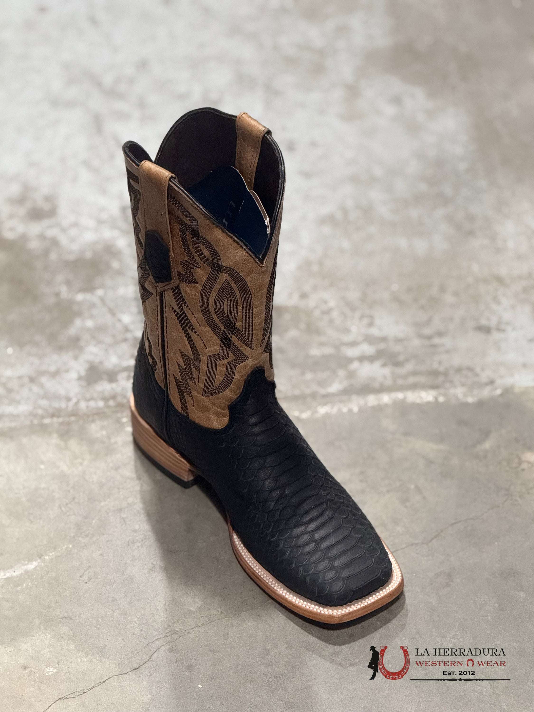 ROCKEM PYTHON MATTE BLACK TUBE BROWN SQUARE TOE BOTAS HOMBRES