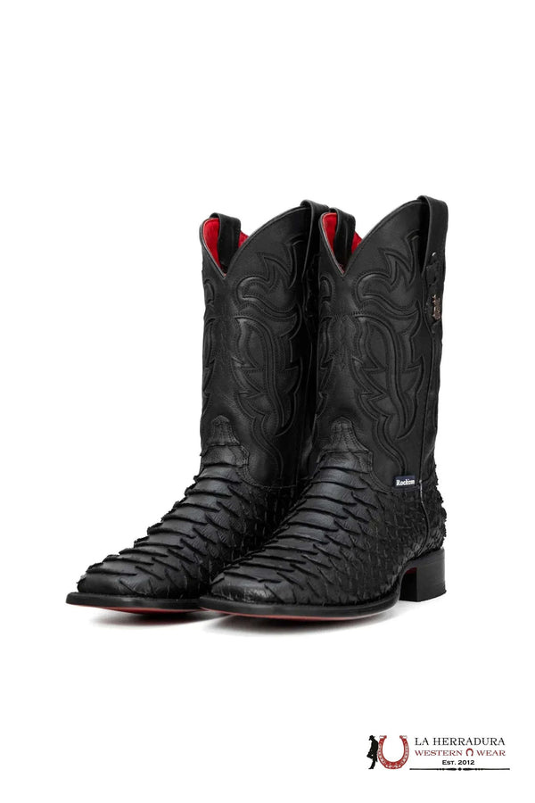 BOTA ROCKEM RED BOTTOM PITÓN CLON NEGRO MATE SUELA ROJA PUNTA CUADRADA