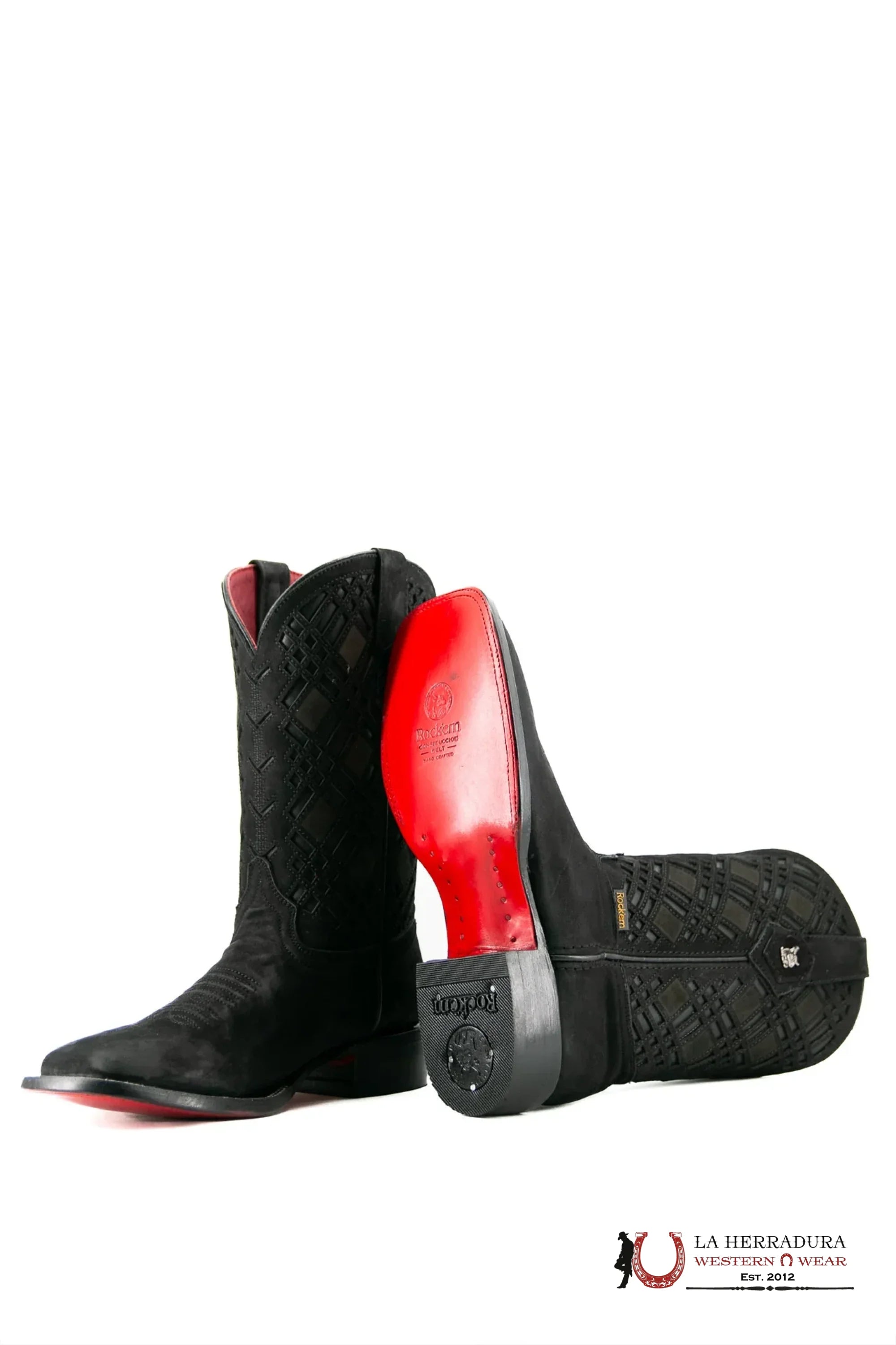 ROCKEM RYDER NOBUCK BLACK SWADE RED BOTTOM SQ. TOE BOTAS HOMBRES