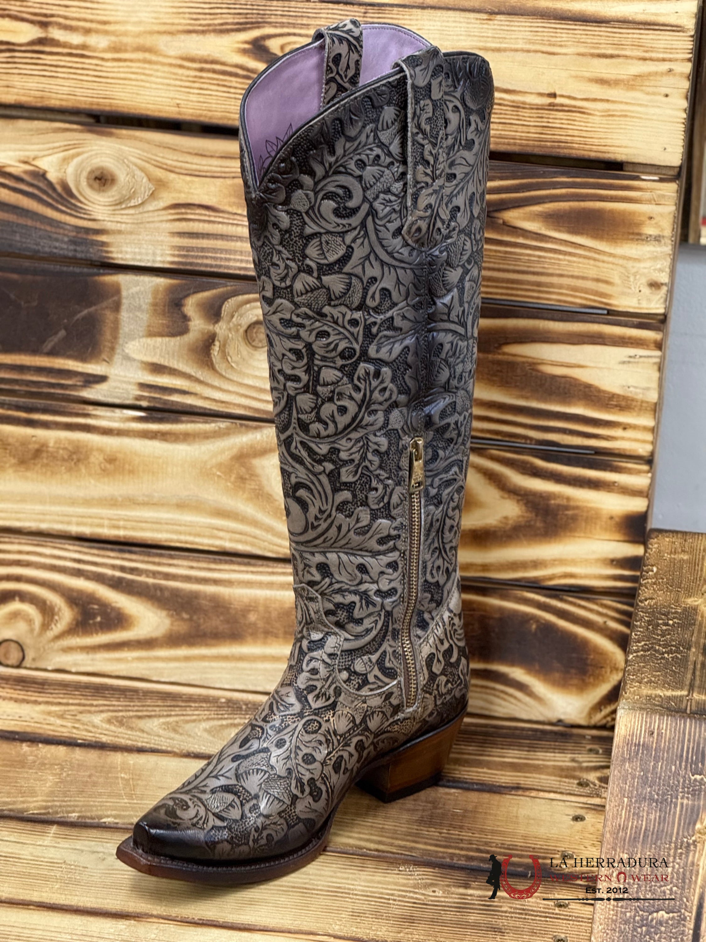 ROCK’EM WOMEN TALL BOOT CINCELADO GREY BLACK POINT TOE BOTAS MUJERES