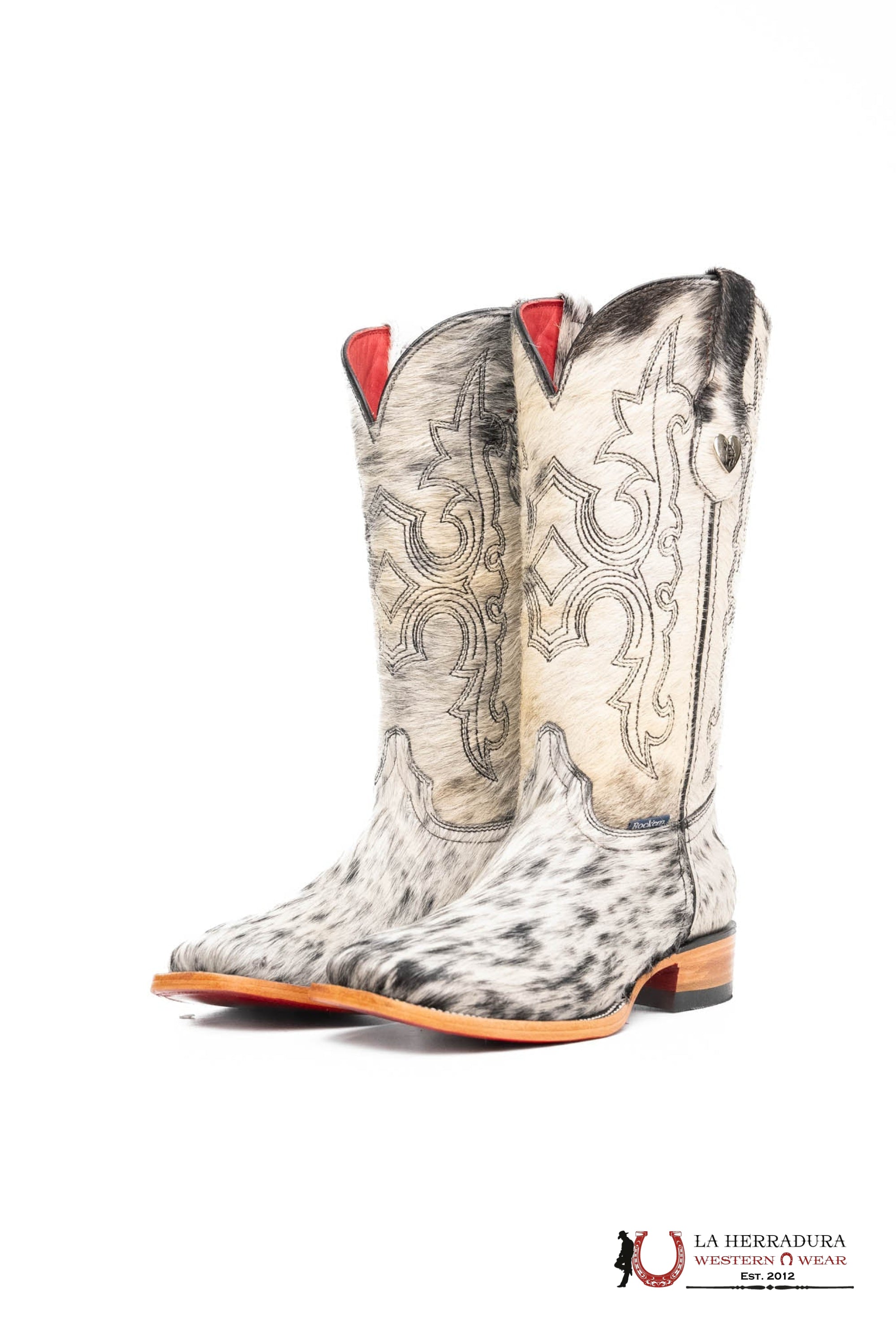 ROCKEM WOMENS KATHERINE BLACK & WHITE COWHIDE TOP BOOT (EVERY PAIR IS UNIQUE) RED BOTTOM BOTAS MUJERES