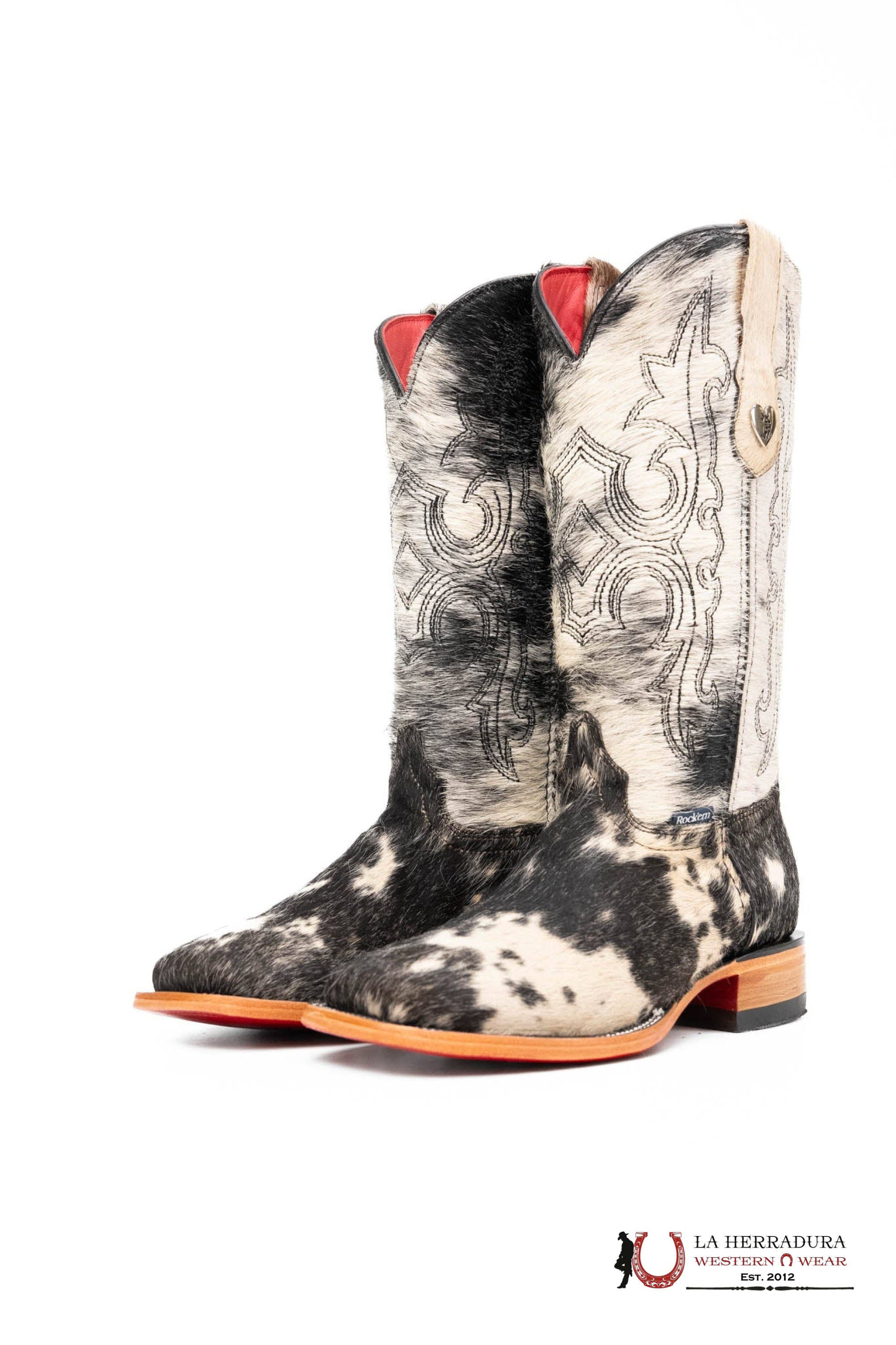 ROCKEM WOMENS KATHERINE BLACK & WHITE COWHIDE TOP BOOT (EVERY PAIR IS UNIQUE) RED BOTTOM BOTAS MUJERES
