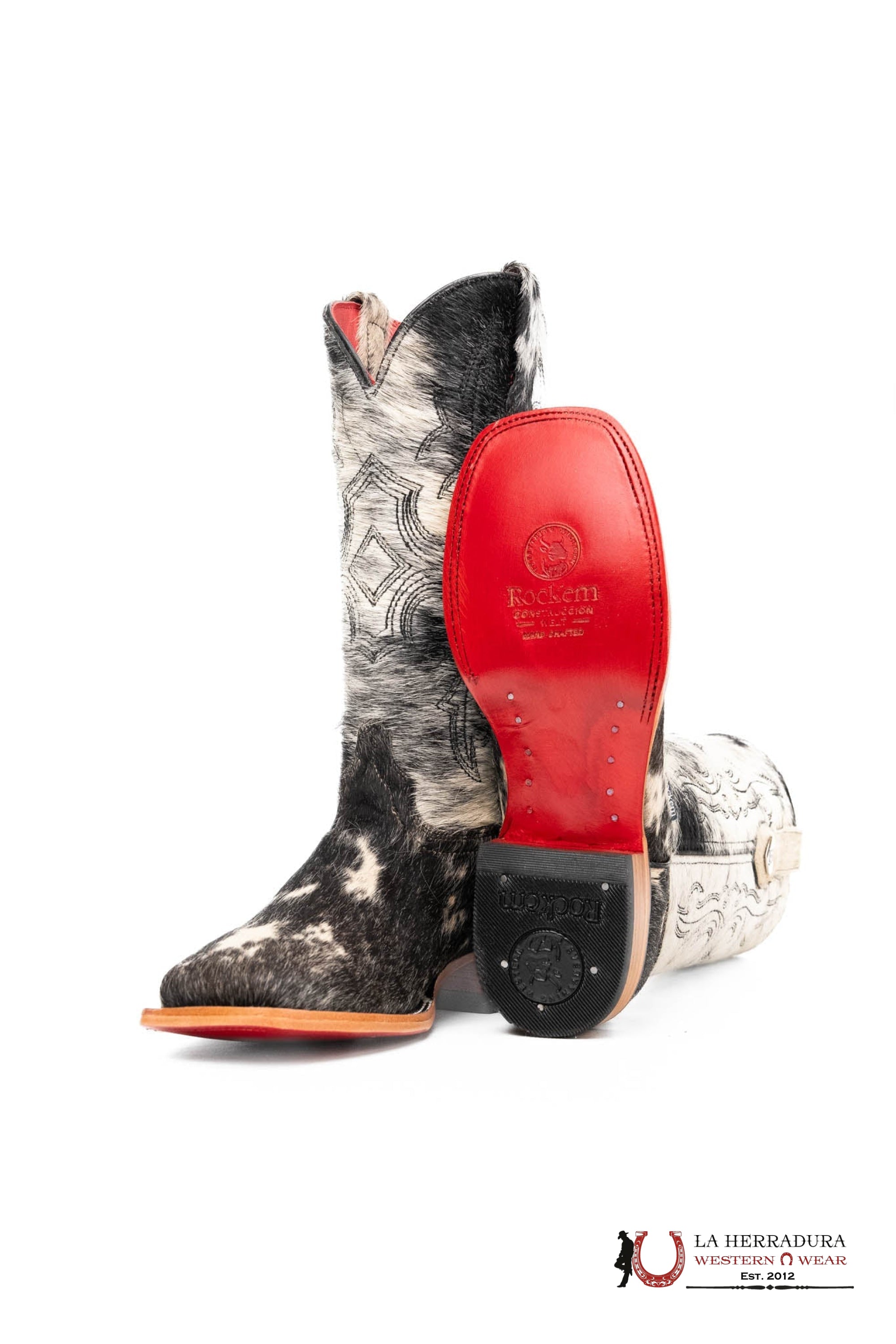 ROCKEM WOMENS KATHERINE BLACK & WHITE COWHIDE TOP BOOT (EVERY PAIR IS UNIQUE) RED BOTTOM BOTAS MUJERES