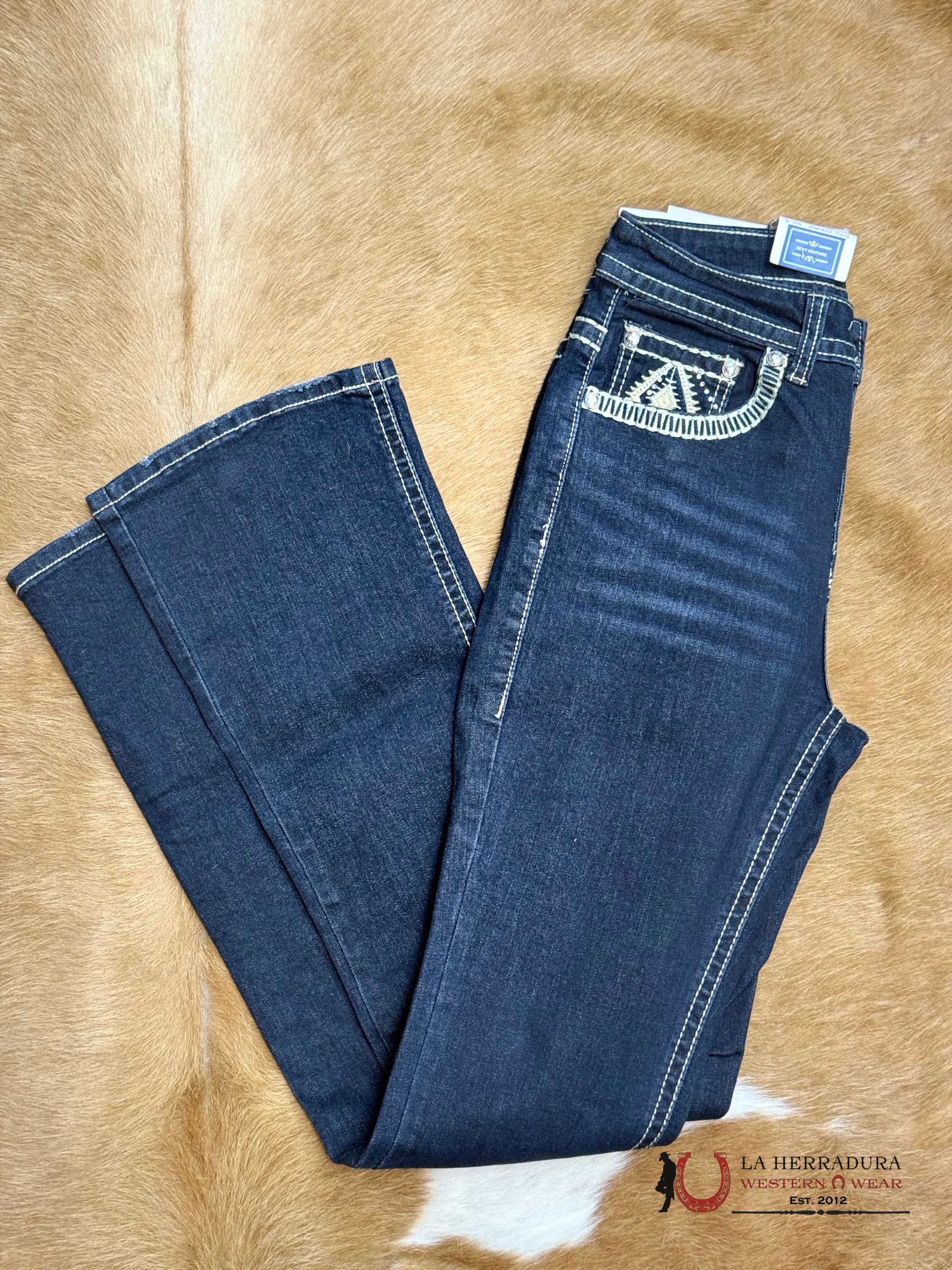 ROSA SEXY COUTURE JEANS BOOT CUT DARK BLUE TAN & BROWN STITCHING DIMOND EMBROIDERY RHINESTONE S1216-PB33 ROPA MUJERES