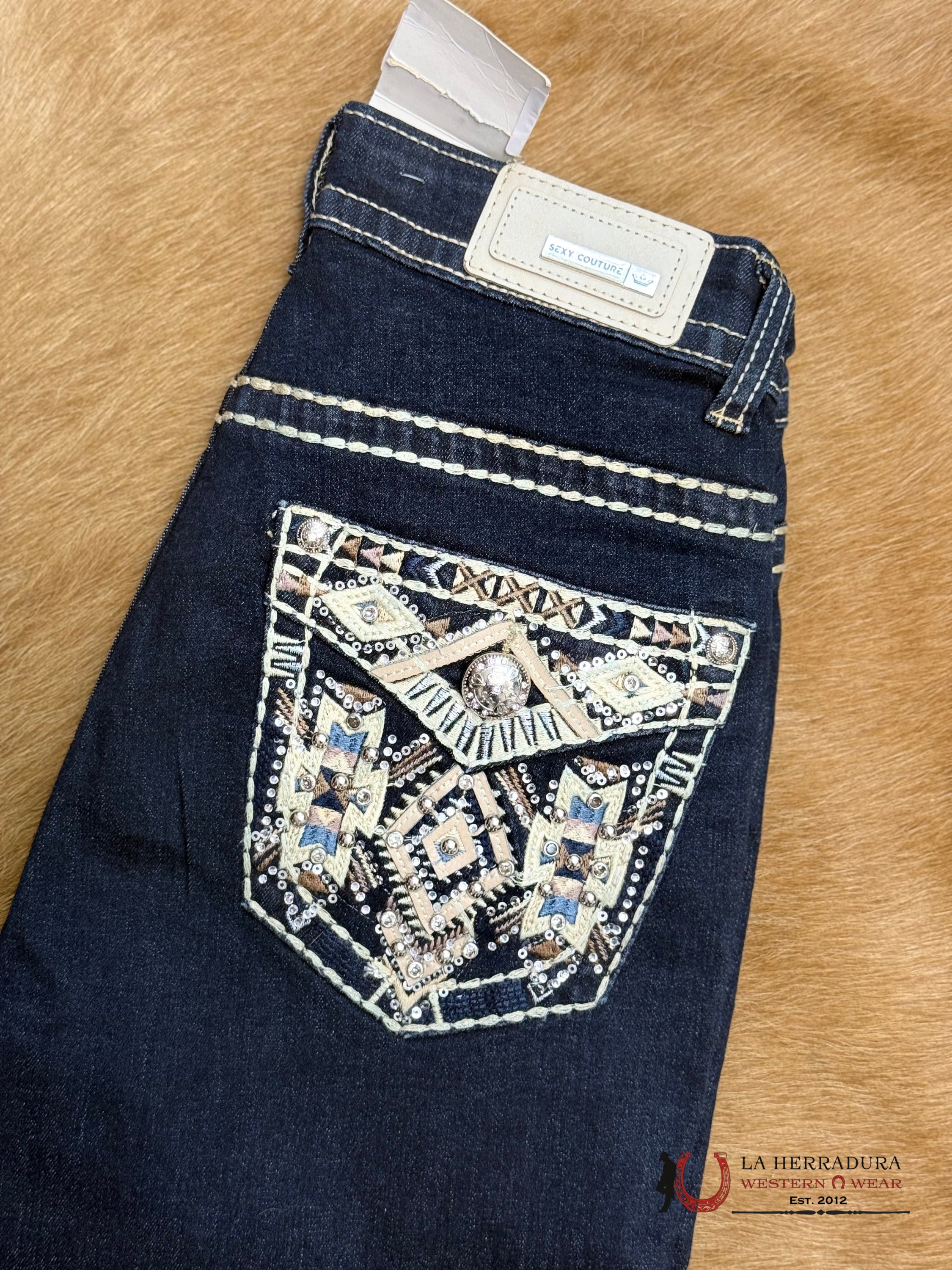 ROSA SEXY COUTURE JEANS BOOT CUT DARK BLUE TAN & BROWN STITCHING DIMOND EMBROIDERY RHINESTONE S1216-PB33 ROPA MUJERES