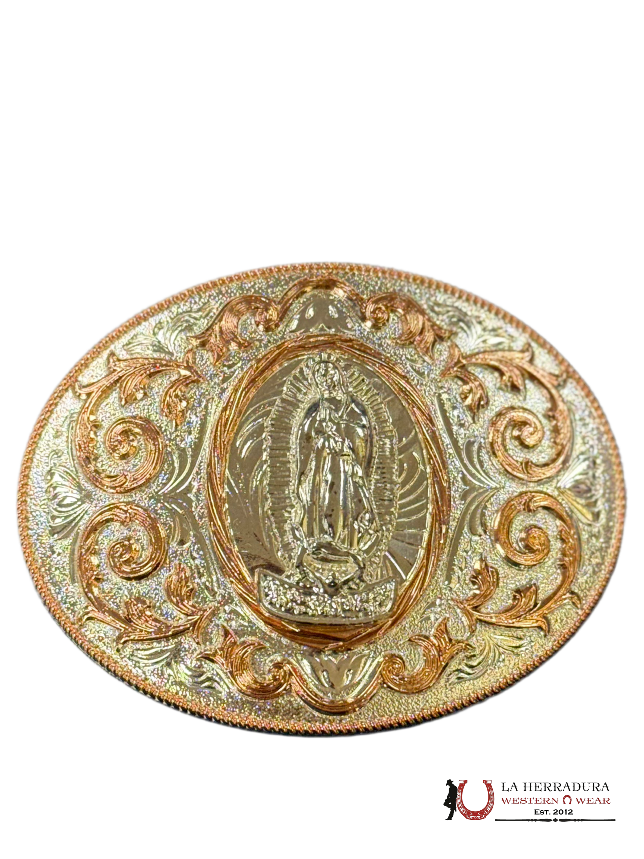 ROSE GOLD VIRGEN DE GUADALUPE ROUND BUCKLE ACCESORIOS