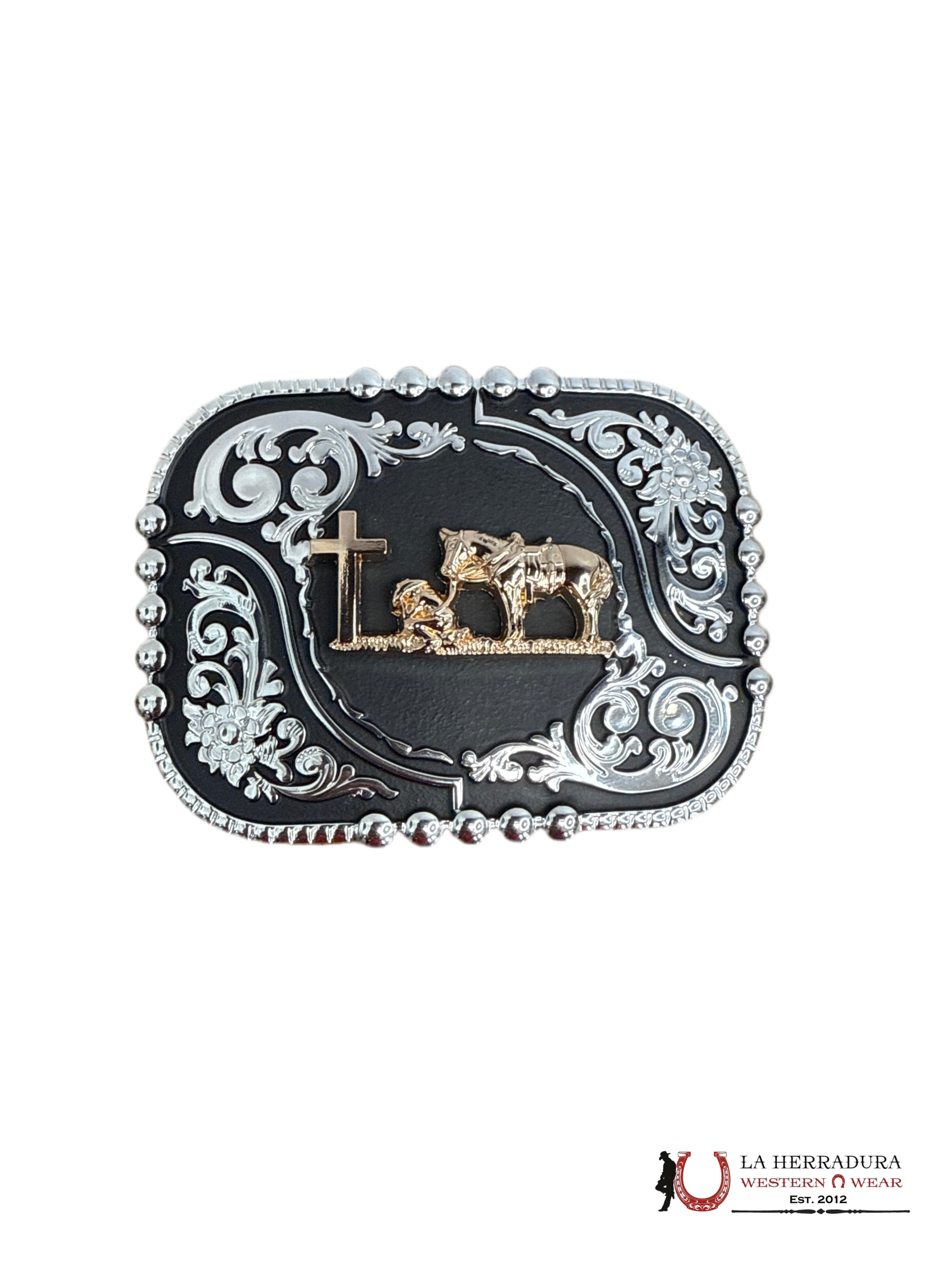 ROUND BLACK & SILVER WITH GOLD JINETE BUCKLE 8 ACCESORIOS