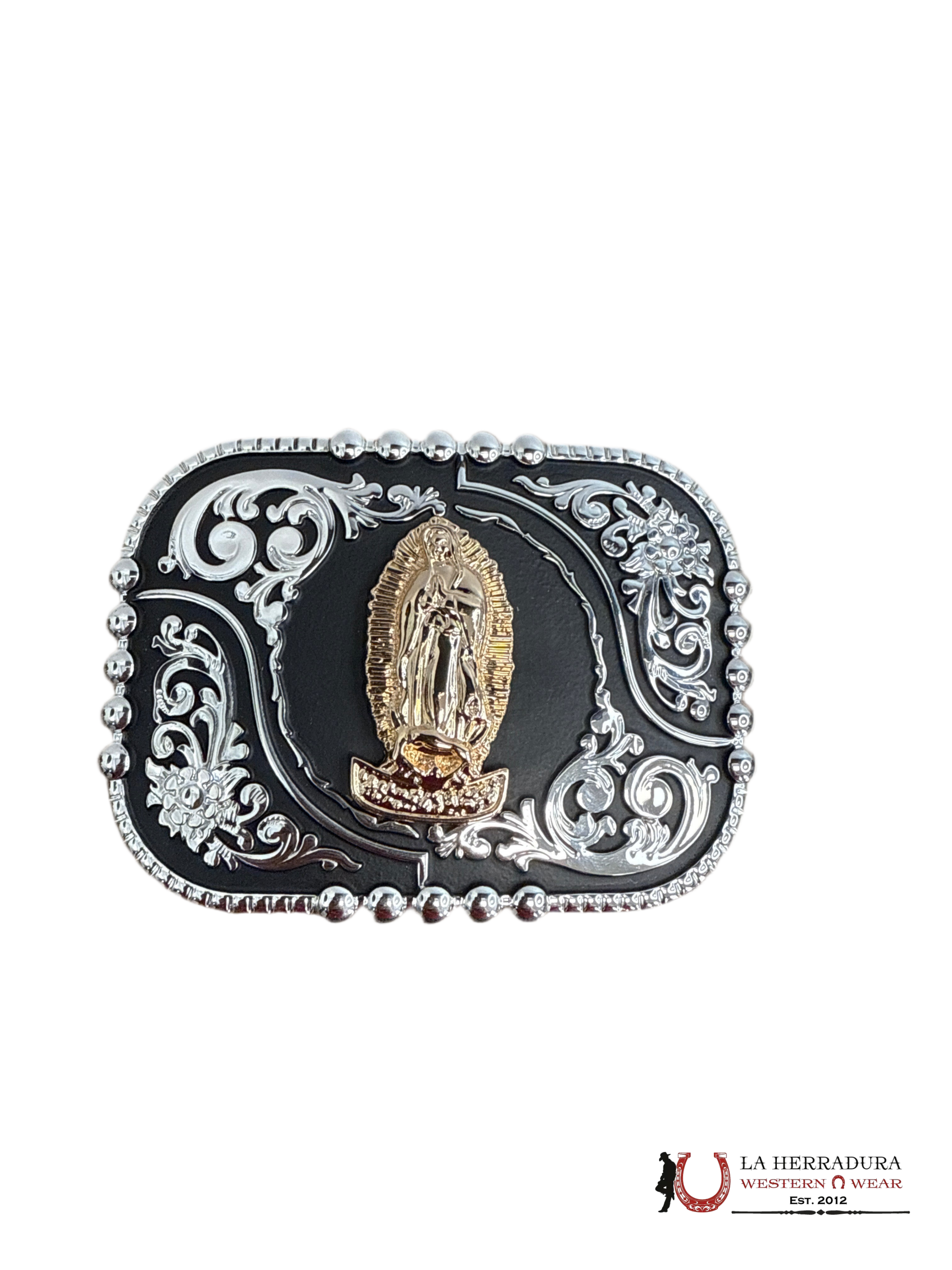 ROUND BLACK & SILVER WITH GOLD VIRGEN DE GUADALUPE BUCKLE 7 ACCESORIOS