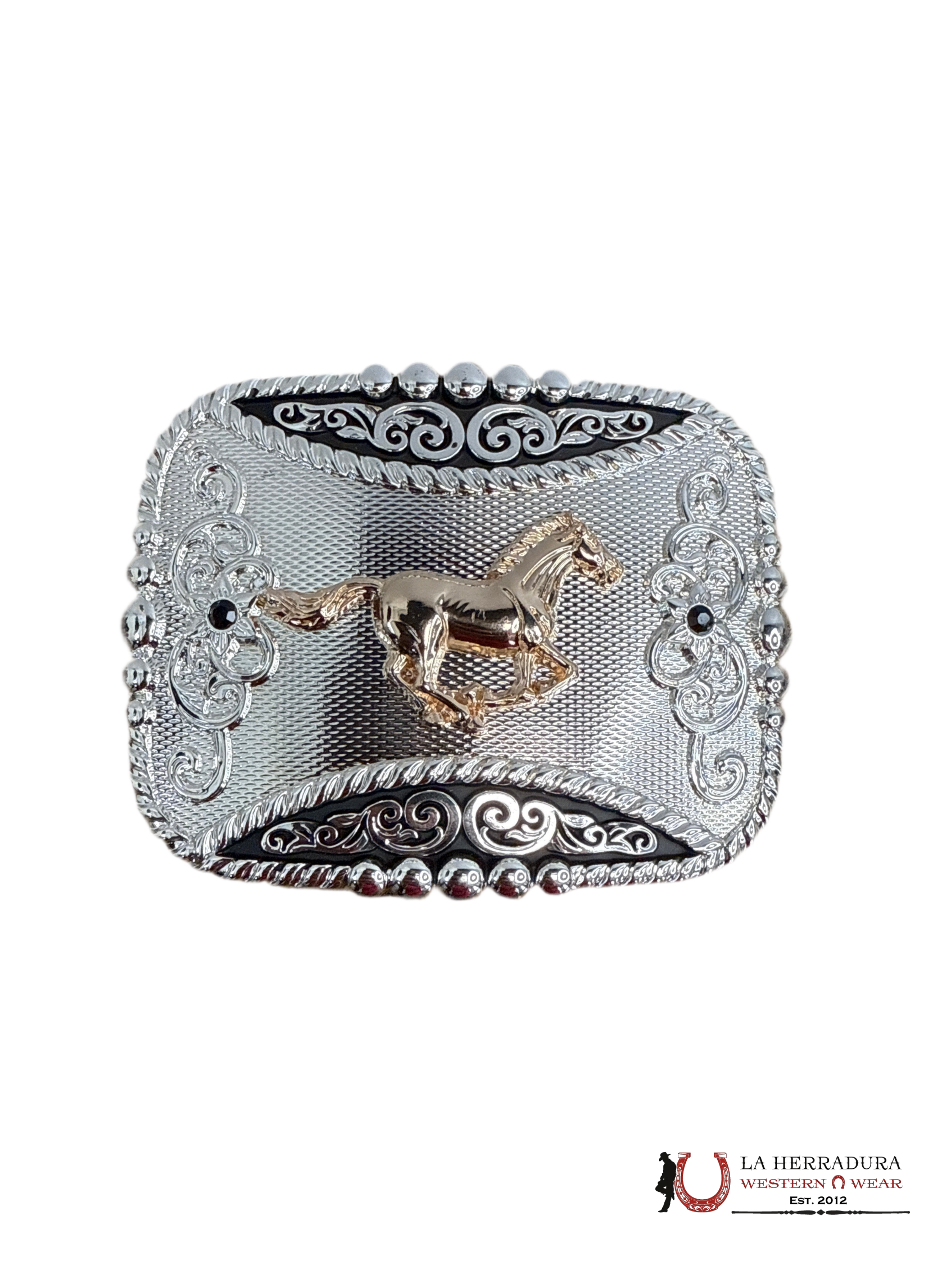 ROUND SILVER & BLACK WITH GOLD HORSE BUCKLE 11 ACCESORIOS