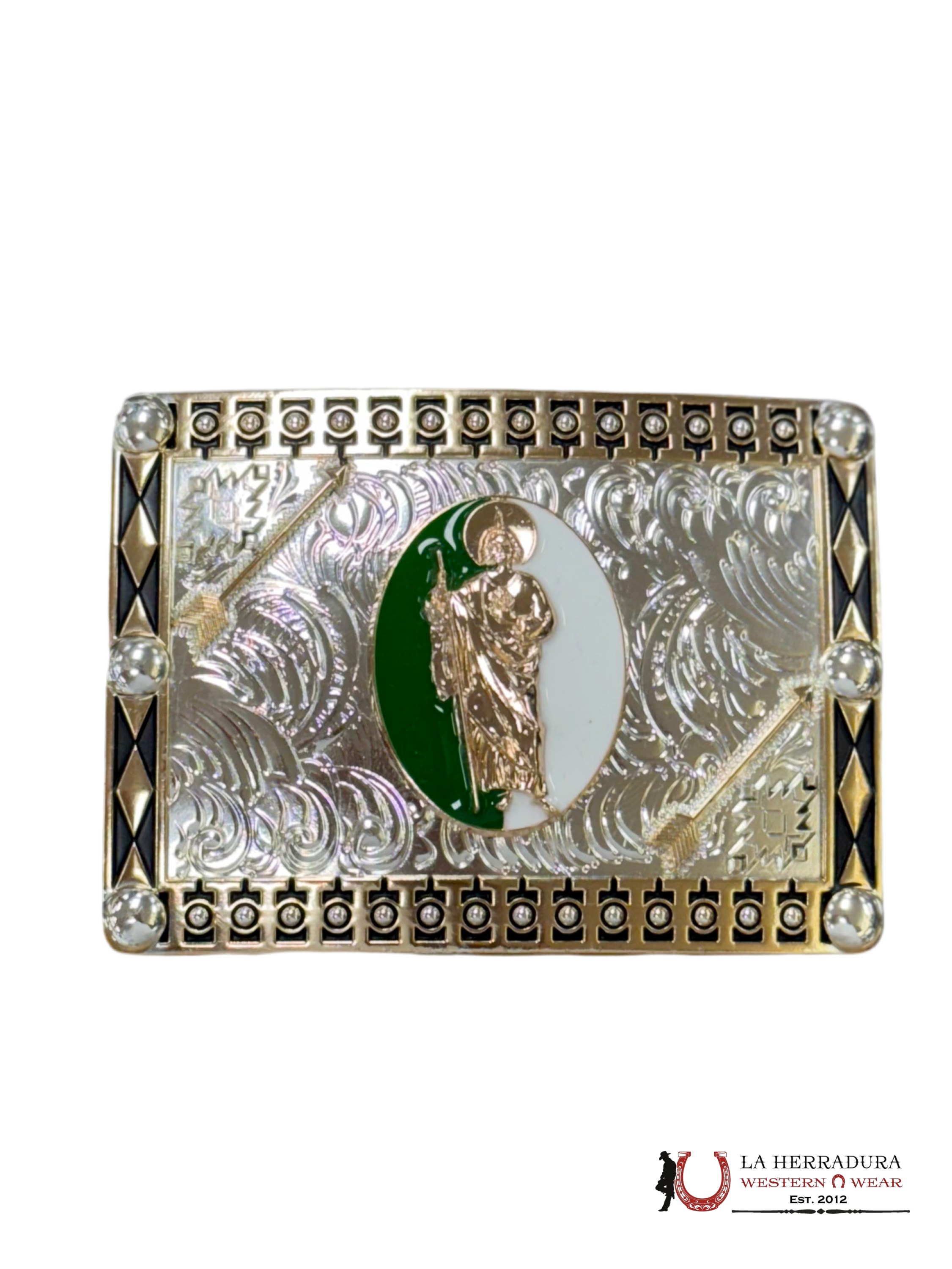 SAN JUDAS BLACK AND GOLD SQUARE BUCKLE ACCESORIOS