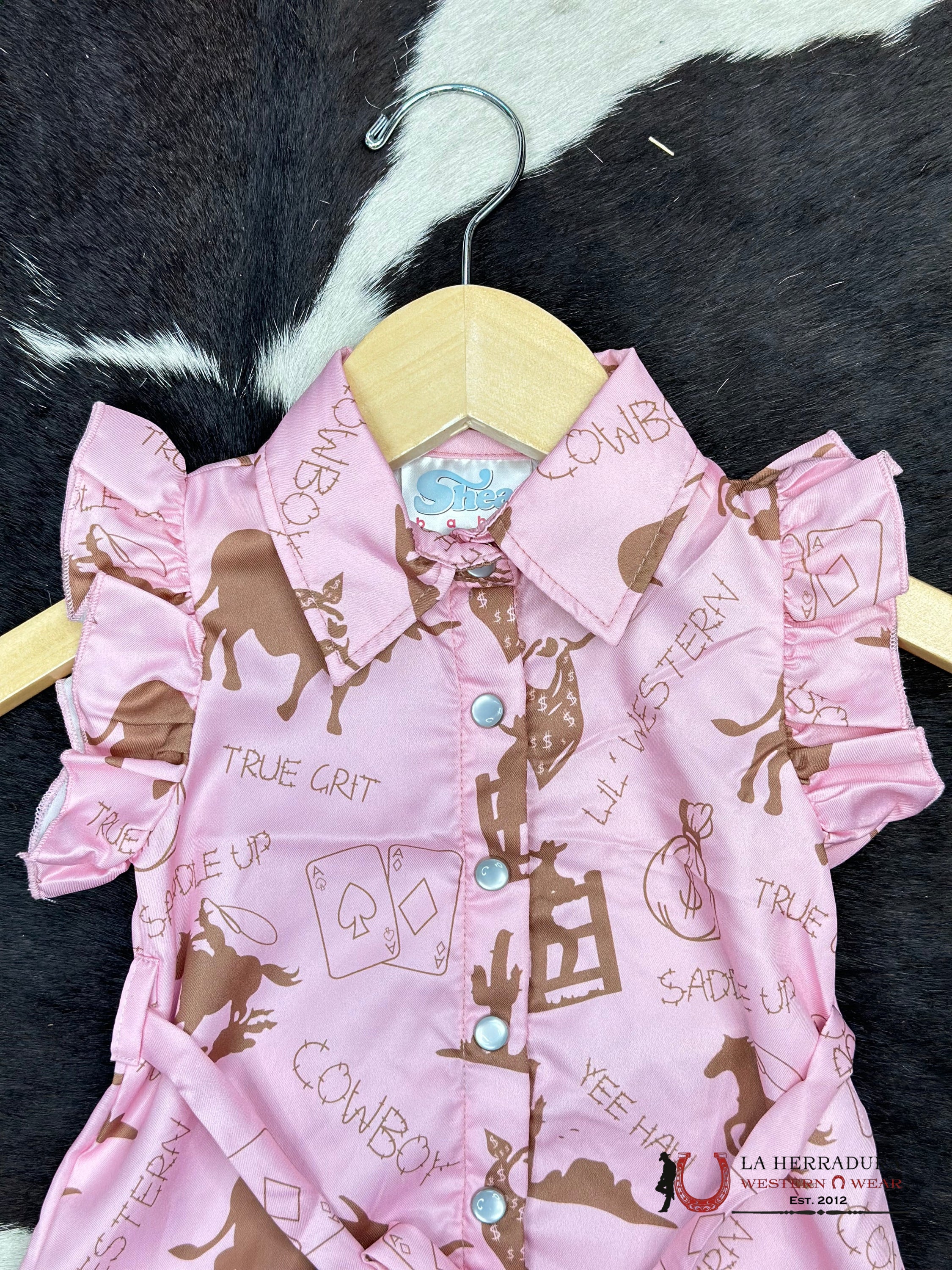Shea Baby Pink Western Gambler Print Snap Dress Niños
