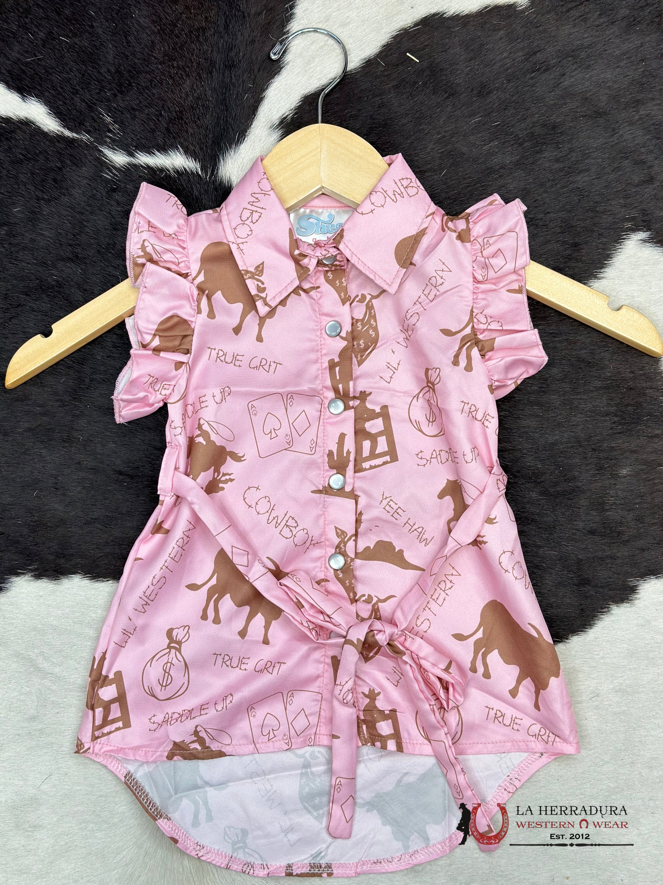 Shea Baby Pink Western Gambler Print Snap Dress Niños