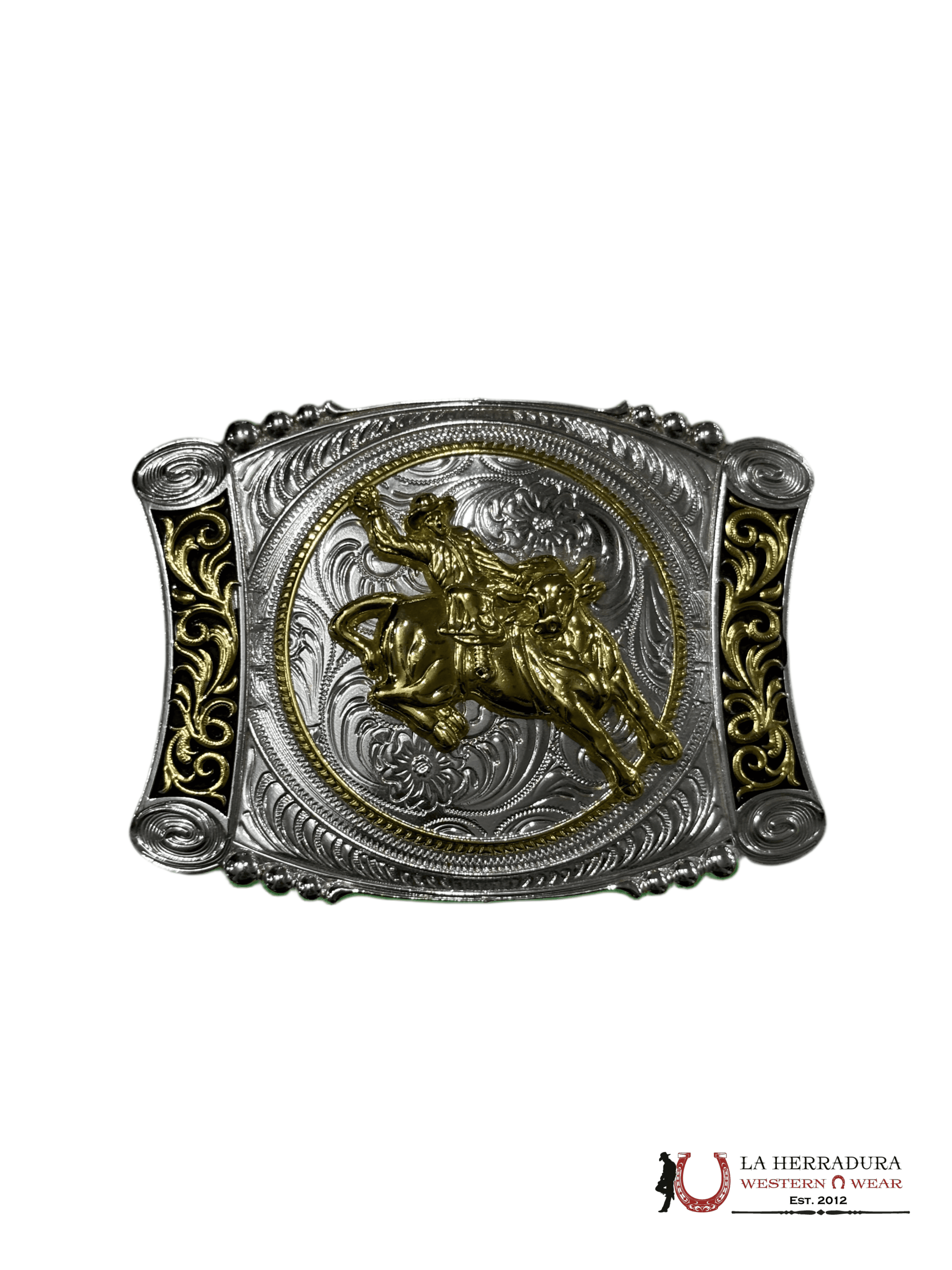 SILVE AND GOLD RIDING BULL BUCKLE ACCESORIOS