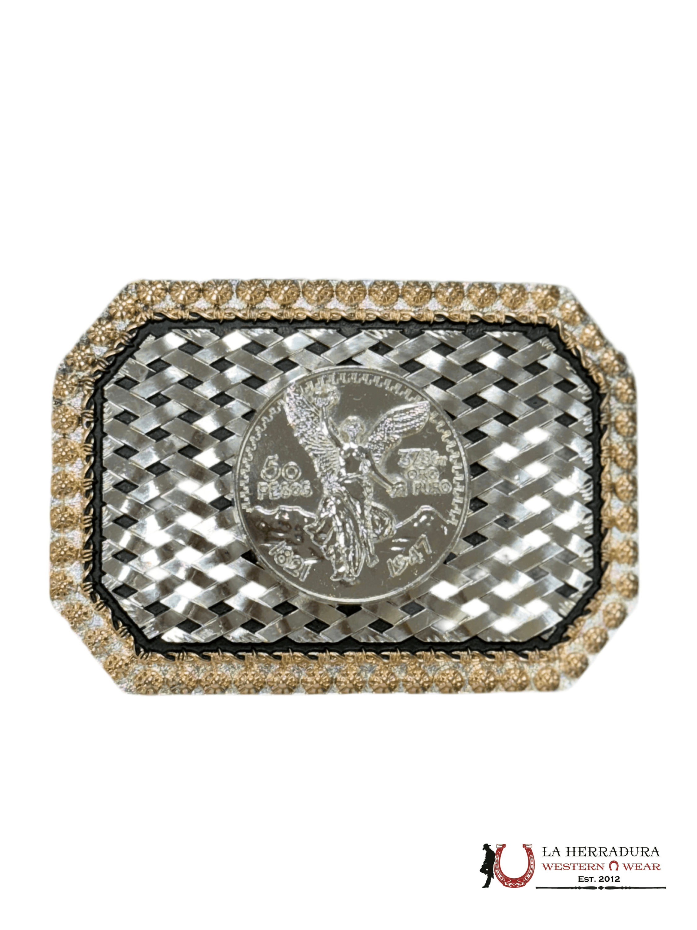 SILVER 50 PESOS GOLD AND BLACK DETAILS SQUARE BUCKLE ACCESORIOS