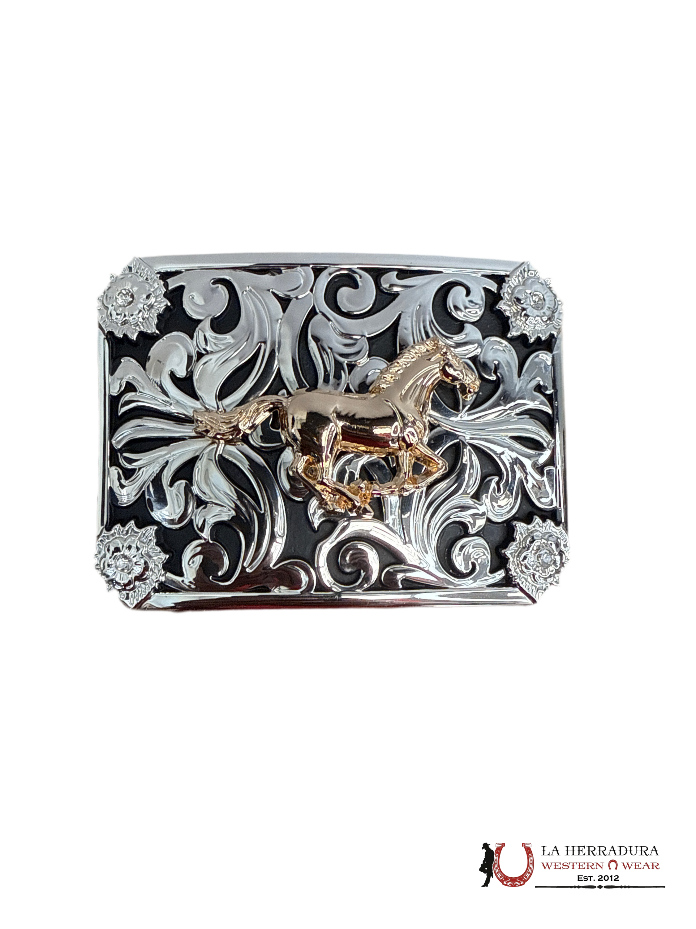 SILVER & BLACK ROSE GOLD HORSE SQUARE BUCKLE ACCESORIOS