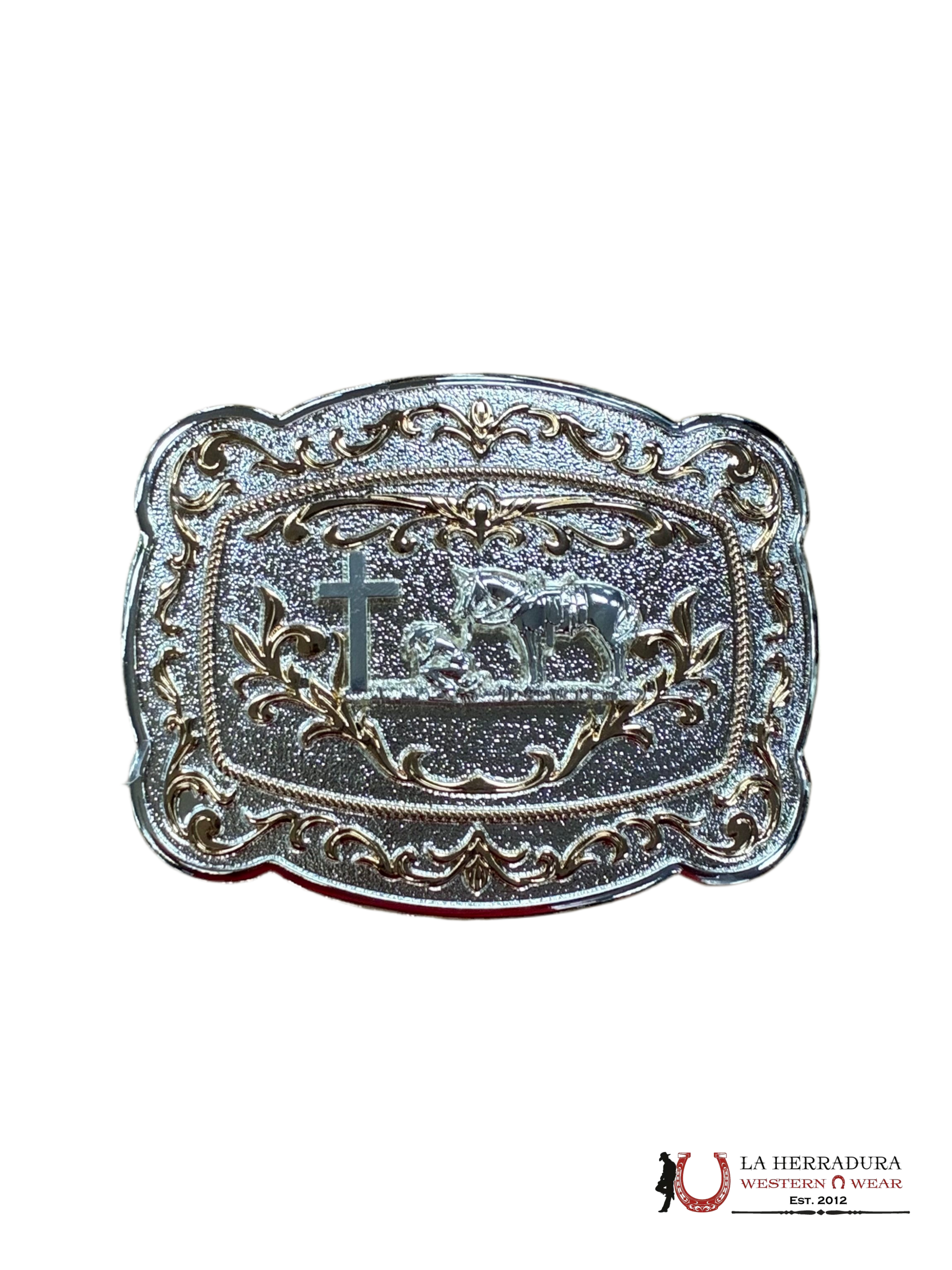 SILVER & GOLD DESIGN CROSS HORSE ROUND CORNER BUCKLE