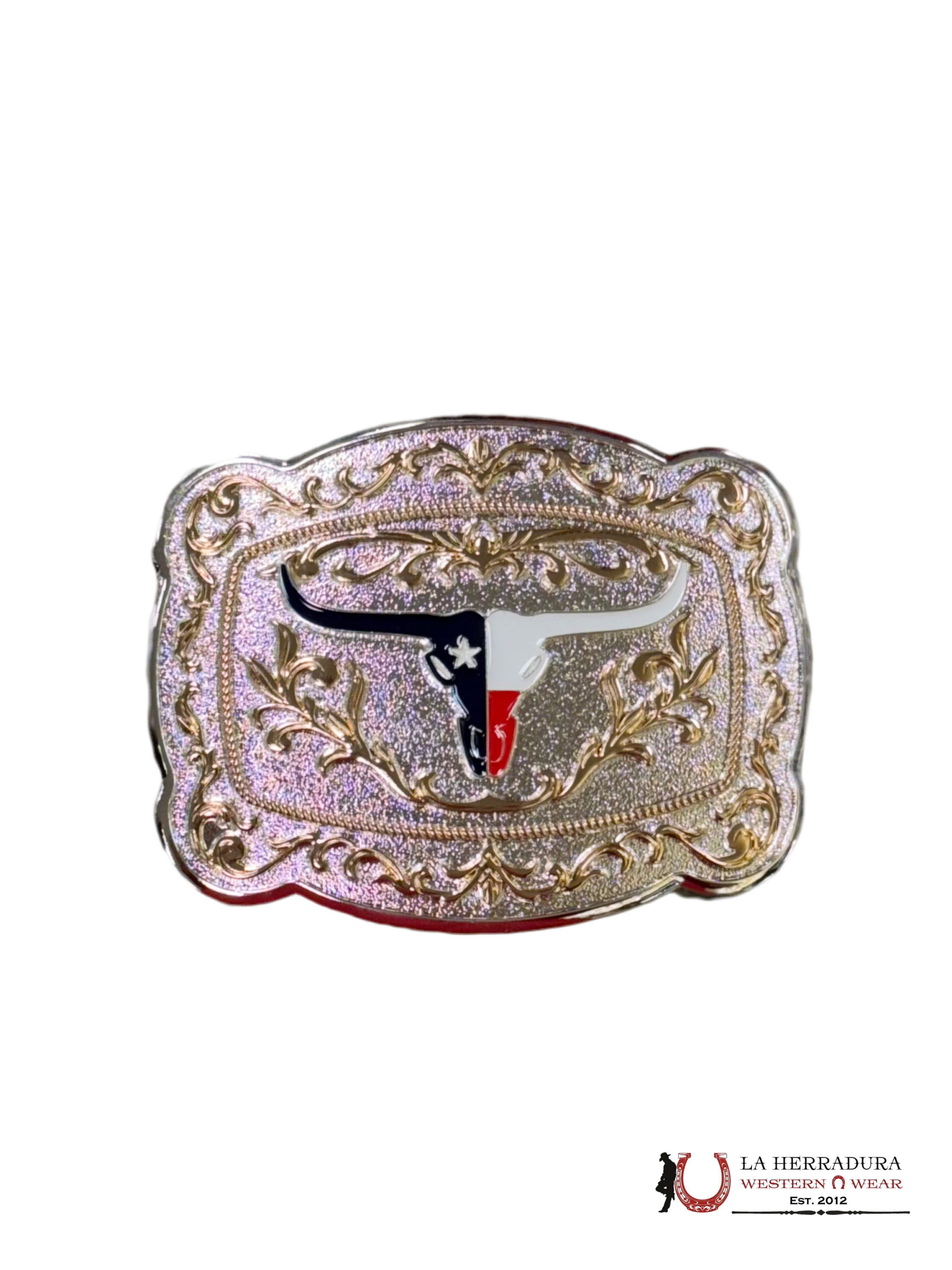 SILVER & GOLD DESIGN TEXAS FLAG LONG HORN ROUND CORN BUCKLE ACCESORIOS