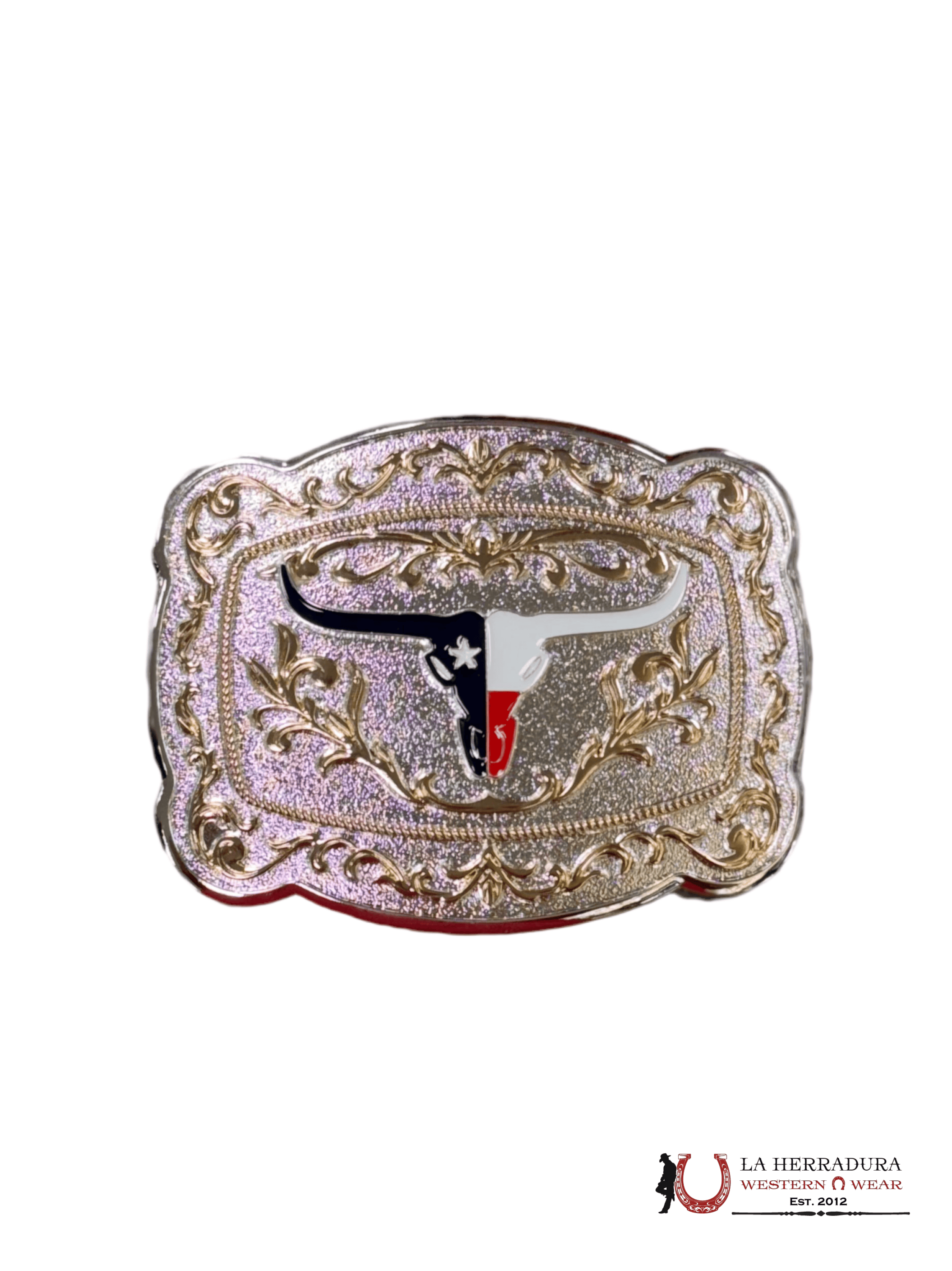 SILVER & GOLD DESIGN TEXAS FLAG LONG HORN ROUND CORN BUCKLE ACCESORIOS