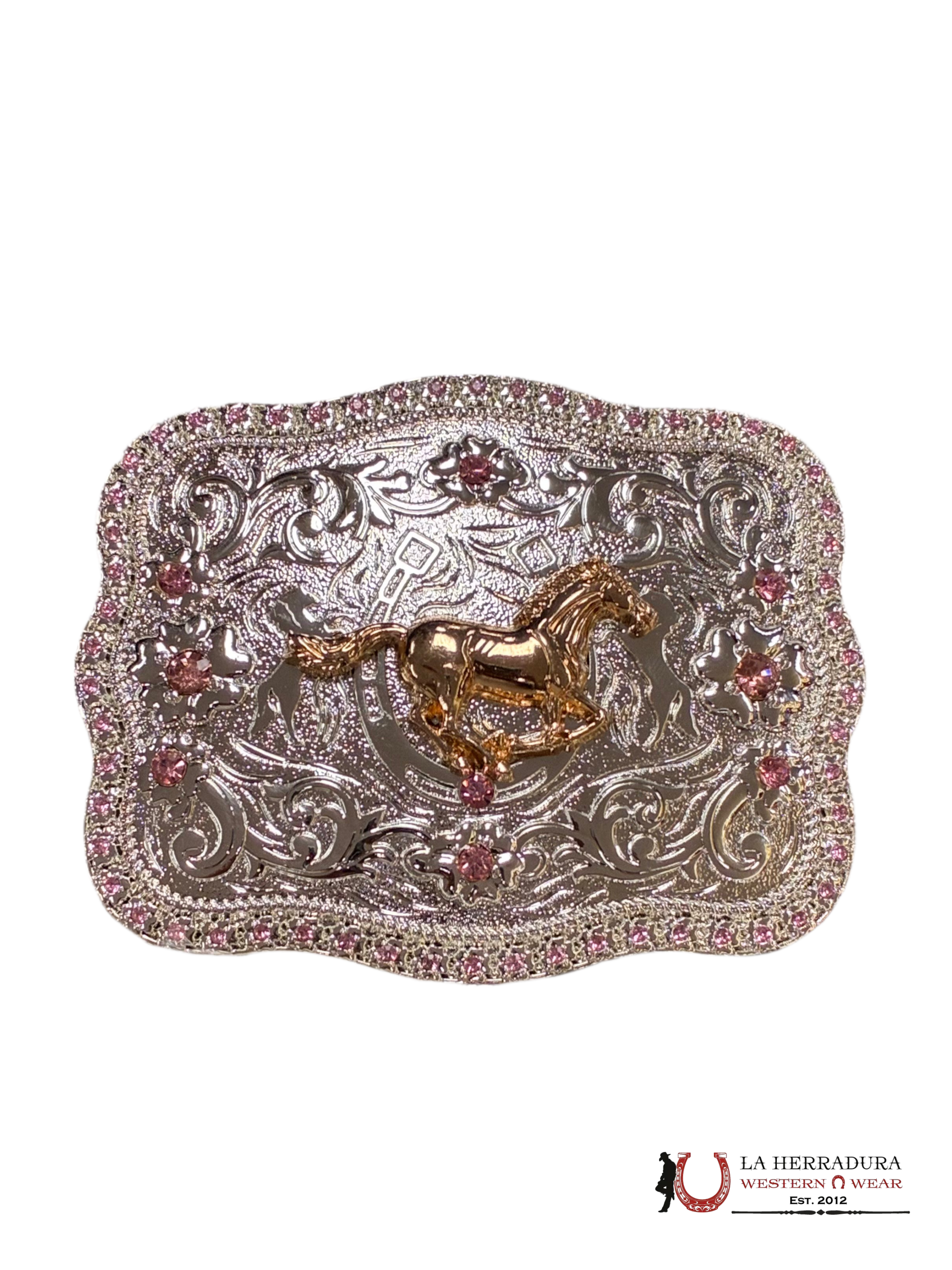 SILVER & GOLD HORSE WITH PINK DIAMONDS ROUND CORNER BUCKLE