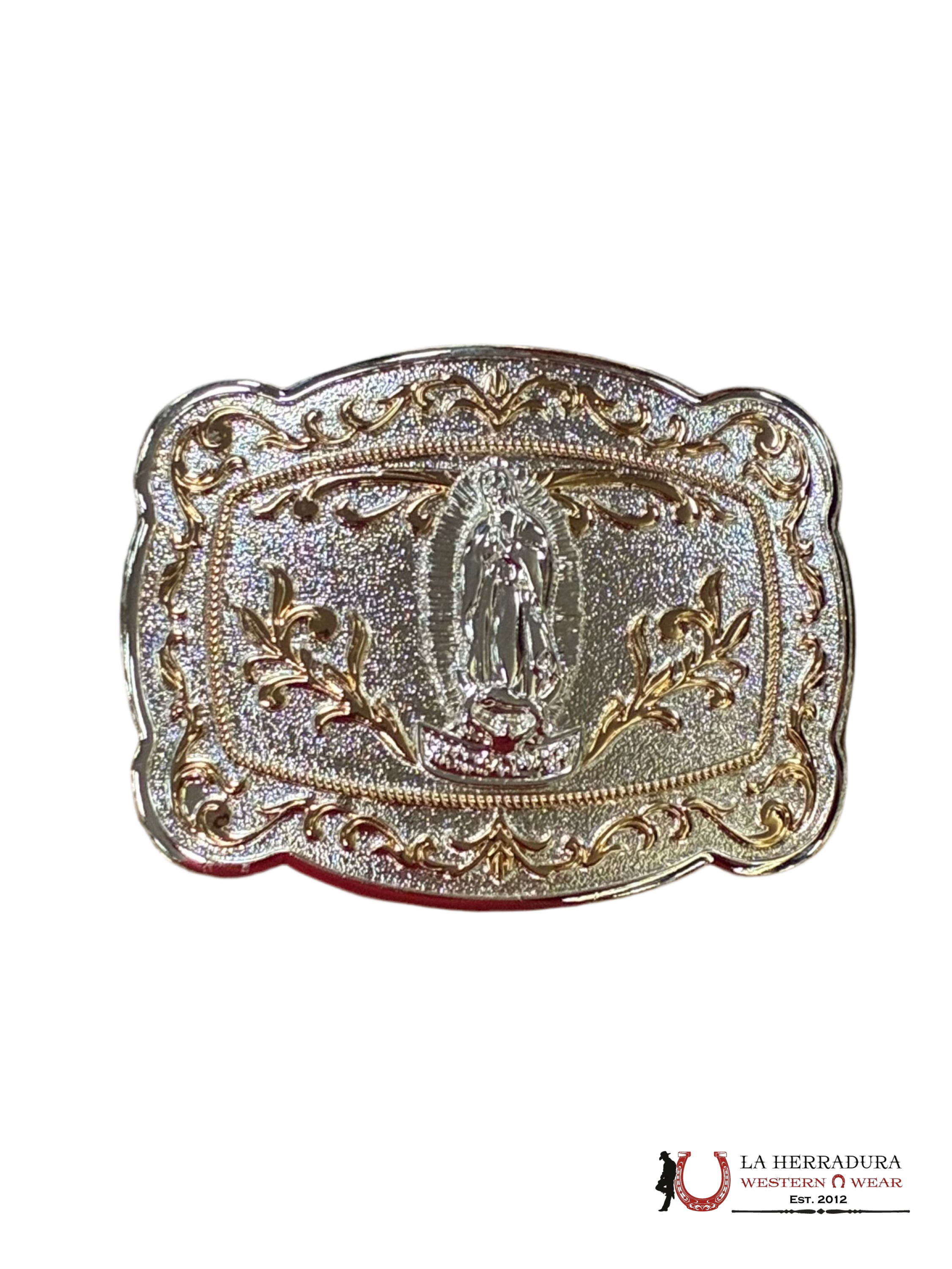 SILVER & GOLD VIRGEN DE GUADALUPE ROUND CORNER BUCKLE ACCESORIOS