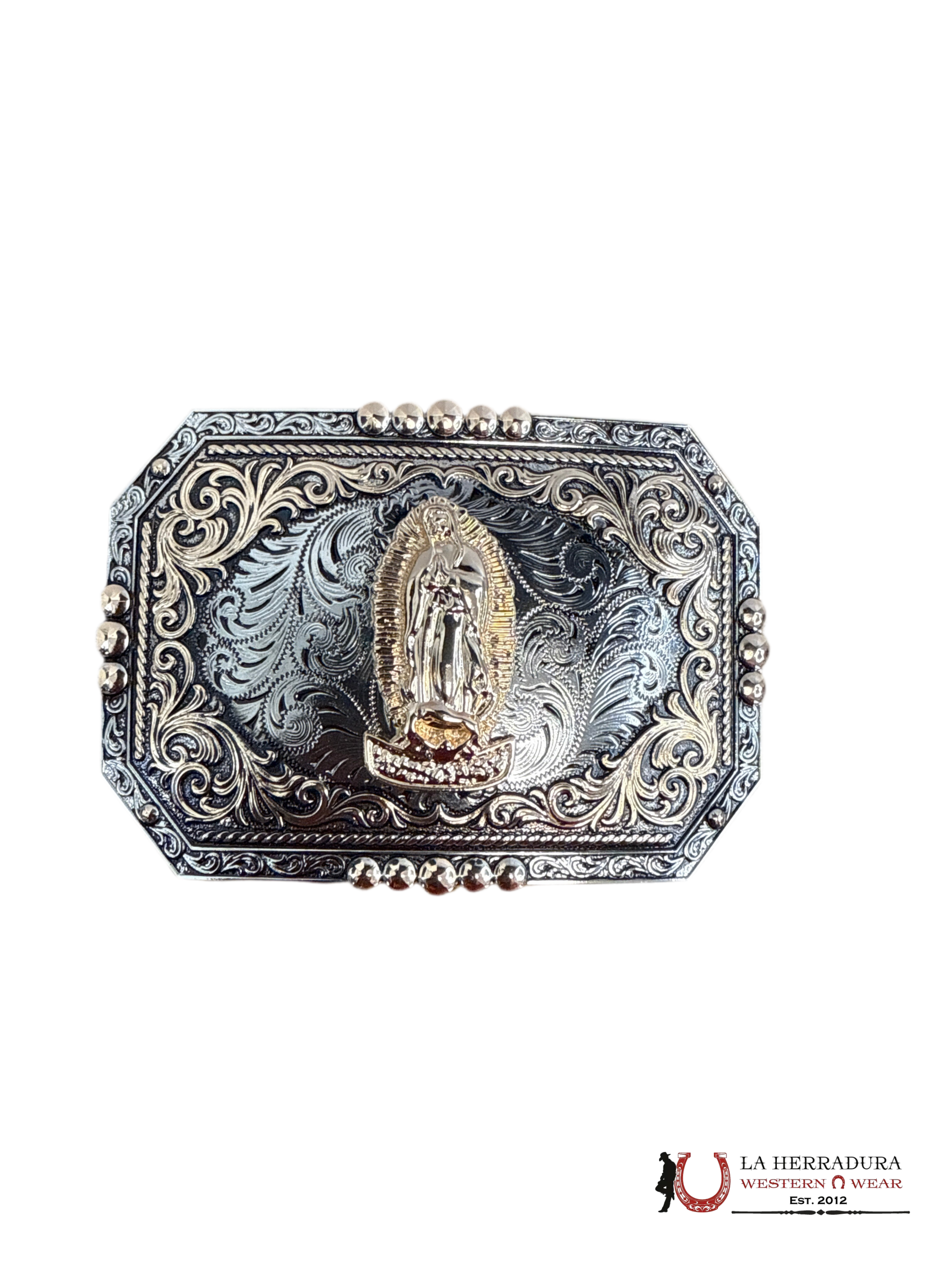 SILVER & GOLD VIRGEN DE GUADALUPE SEMI SQUARE BUCKLE 2 ACCESORIOS