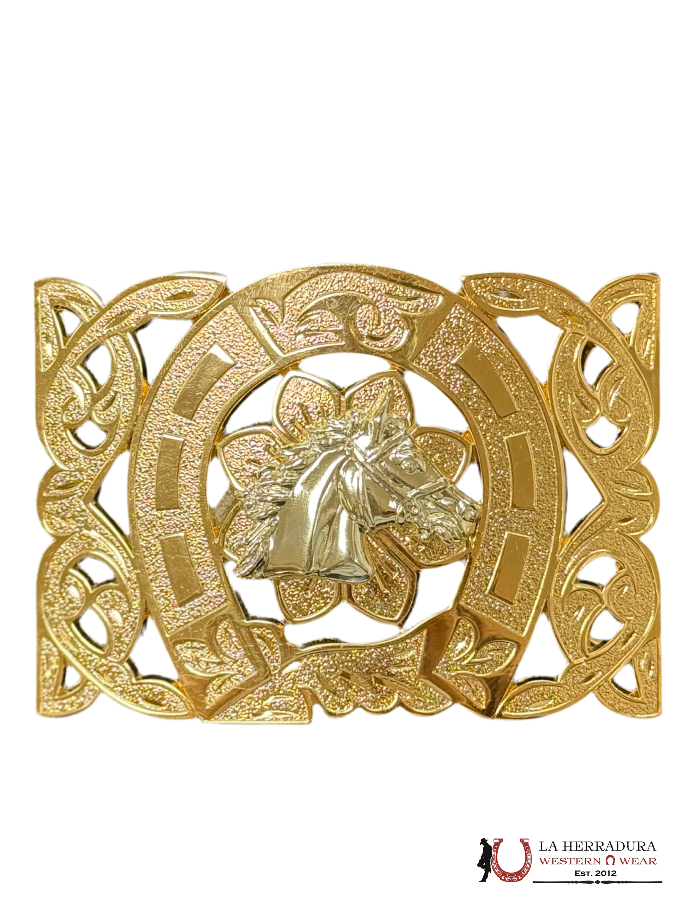 SILVER HORSE FLORAL DESIGN ALL GOLD SQUARE BUCKLE ACCESORIOS